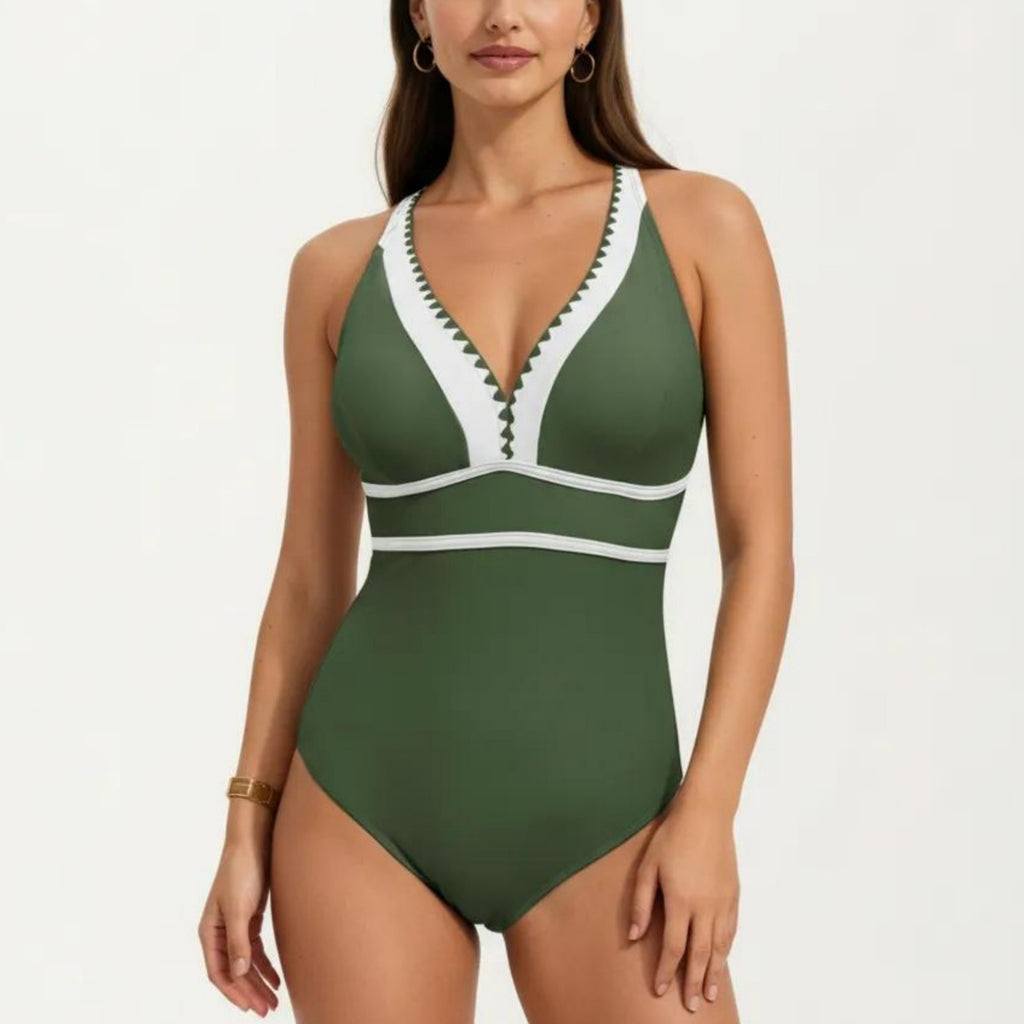 Anna-Kaci Swim Women's One Piece Swimsuit with Deep V Neck Contrast Trim and Sculpted Waist Design