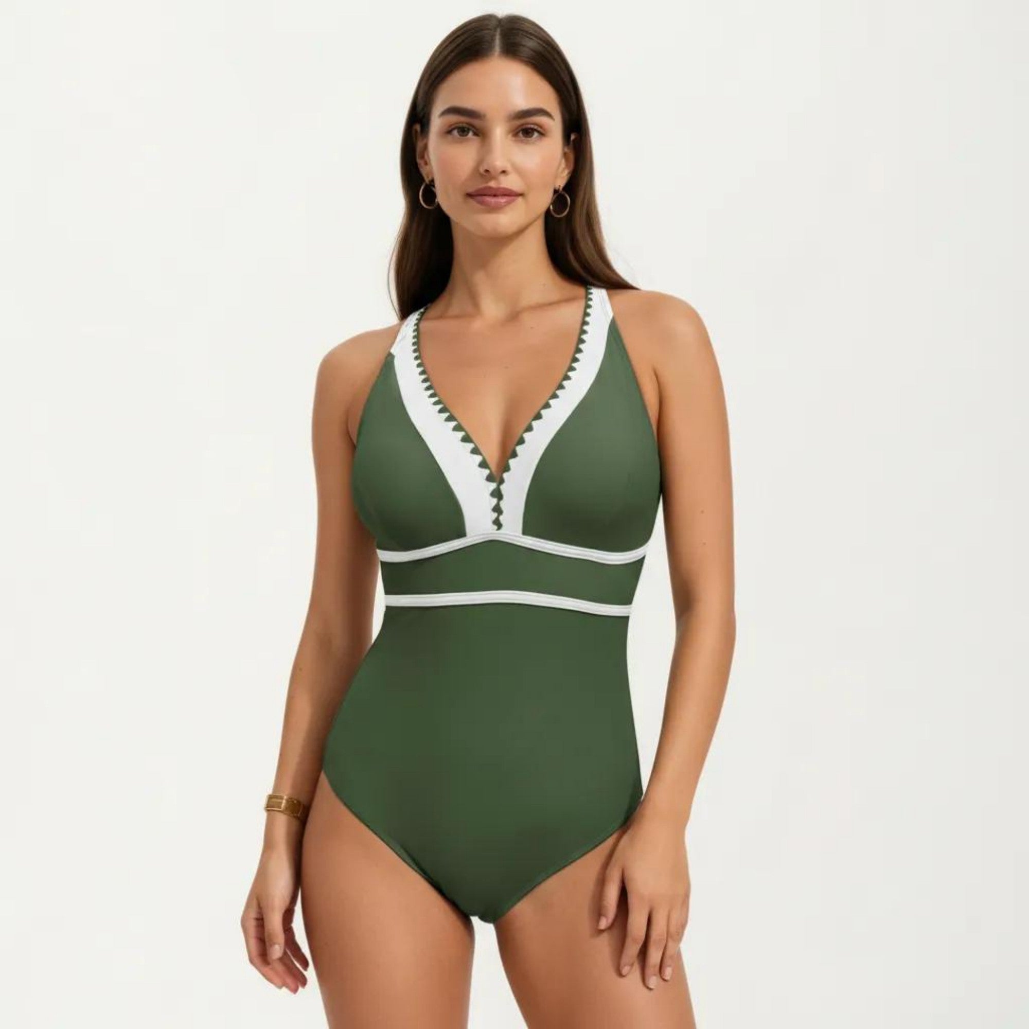 Anna-Kaci Swim Women's One Piece Swimsuit with Deep V Neck Contrast Trim and Sculpted Waist Design