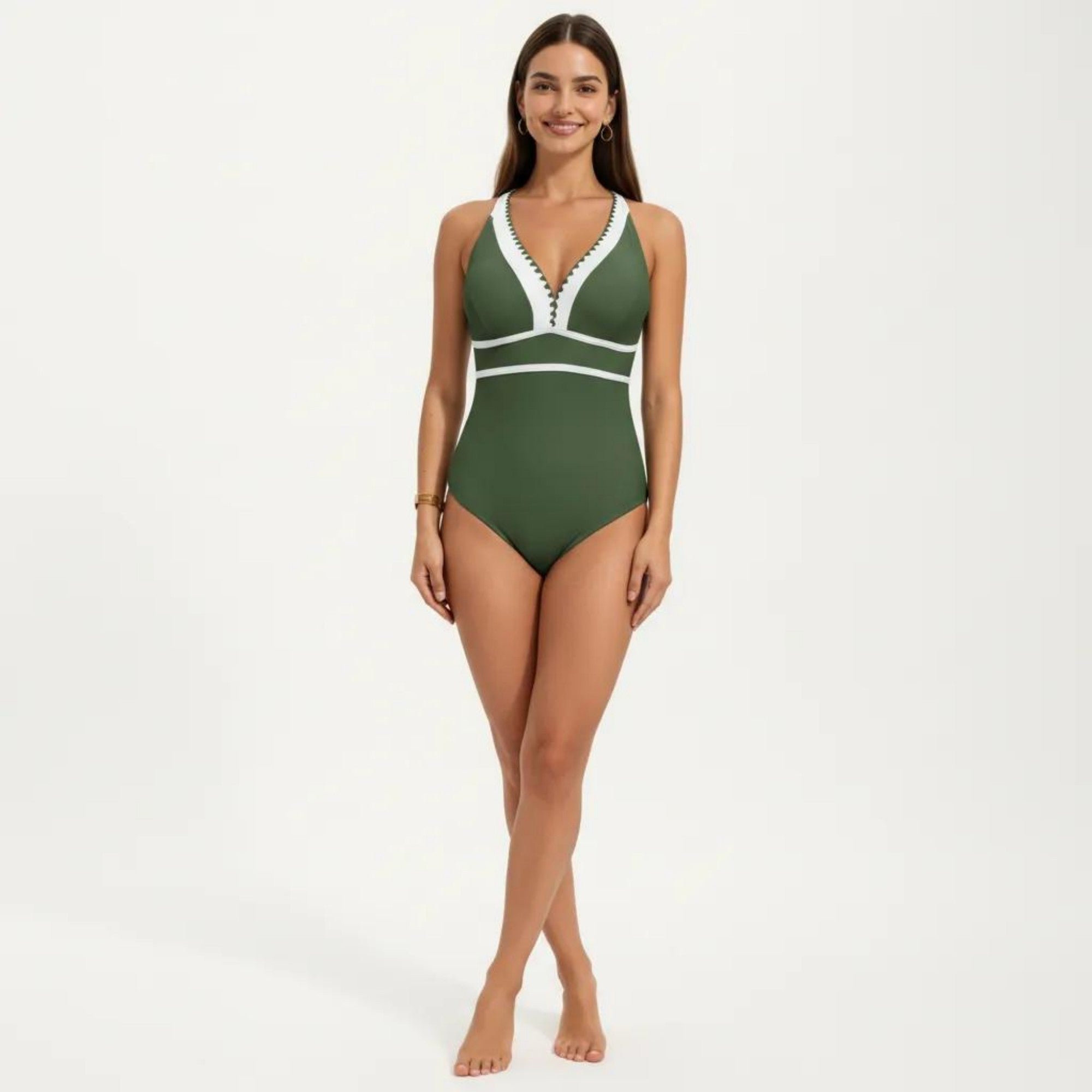Anna-Kaci Swim Women's One Piece Swimsuit with Deep V Neck Contrast Trim and Sculpted Waist Design