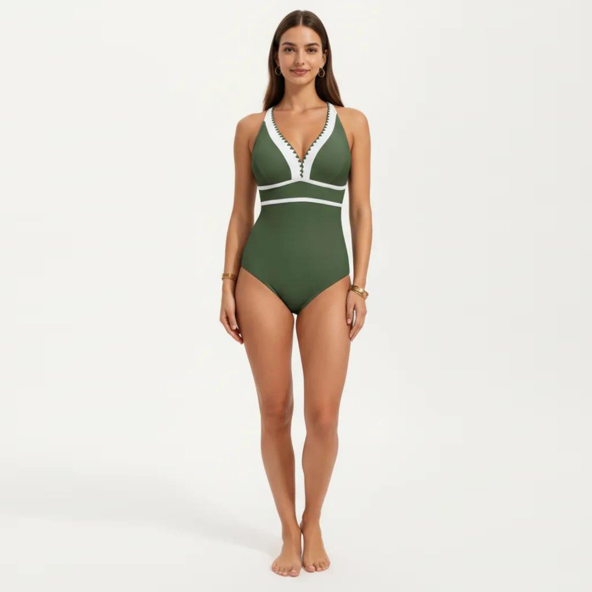 Anna-Kaci Swim Women's One Piece Swimsuit with Deep V Neck Contrast Trim and Sculpted Waist Design