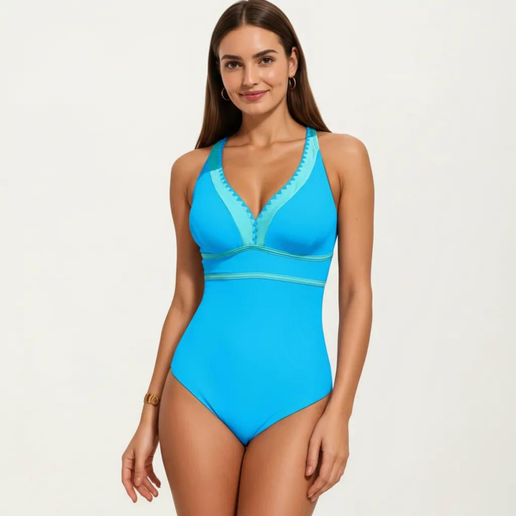 Anna-Kaci Swim Women's One Piece Swimsuit with Deep V Neck Contrast Trim and Sculpted Waist Design