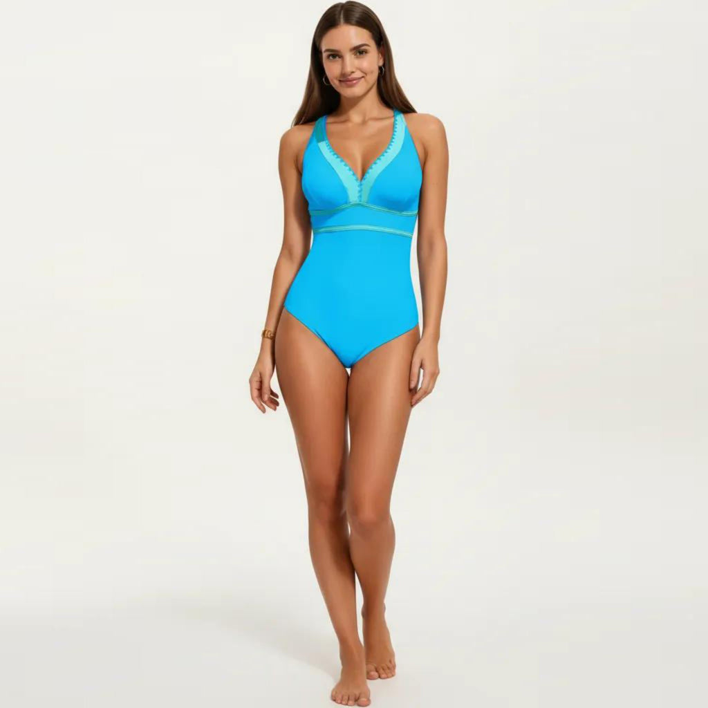 Anna-Kaci Swim Women's One Piece Swimsuit with Deep V Neck Contrast Trim and Sculpted Waist Design