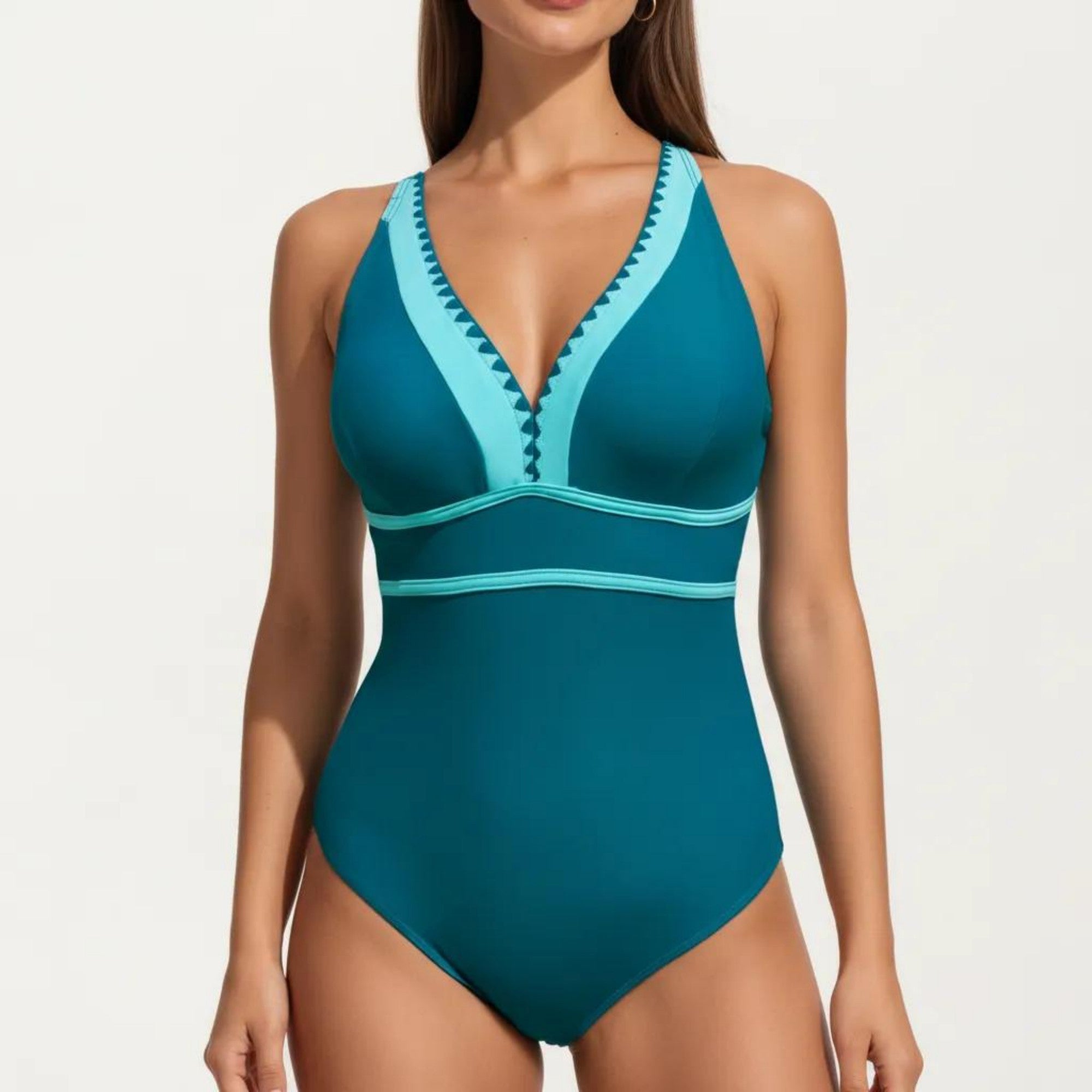 Anna-Kaci Swim Women's One Piece Swimsuit with Deep V Neck Contrast Trim and Sculpted Waist Design
