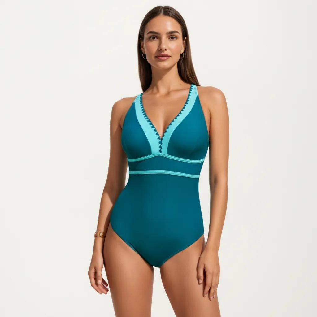 Anna-Kaci Swim Women's One Piece Swimsuit with Deep V Neck Contrast Trim and Sculpted Waist Design