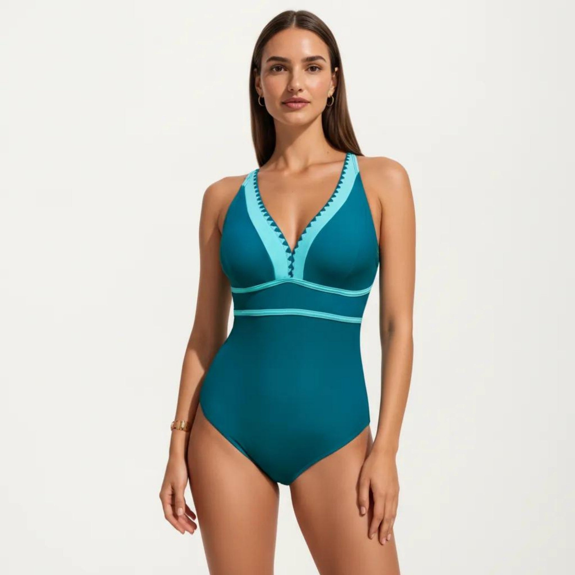 Anna-Kaci Swim Women's One Piece Swimsuit with Deep V Neck Contrast Trim and Sculpted Waist Design