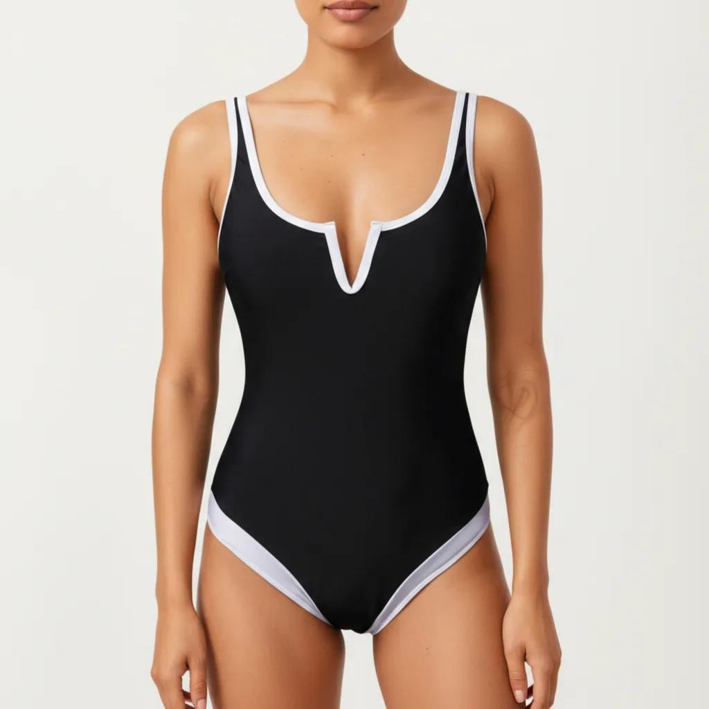 Anna-Kaci Swim Women's One Piece Swimsuit with Notched Scoop Neck Contrast Trim and Contoured Fit