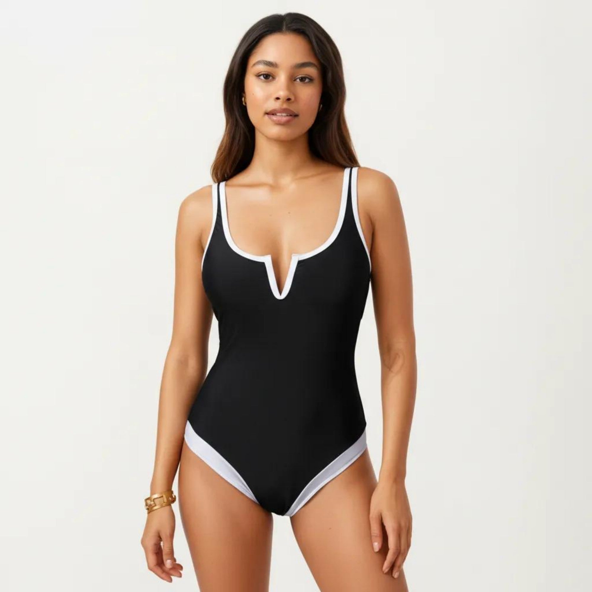 Anna-Kaci Swim Women's One Piece Swimsuit with Notched Scoop Neck Contrast Trim and Contoured Fit