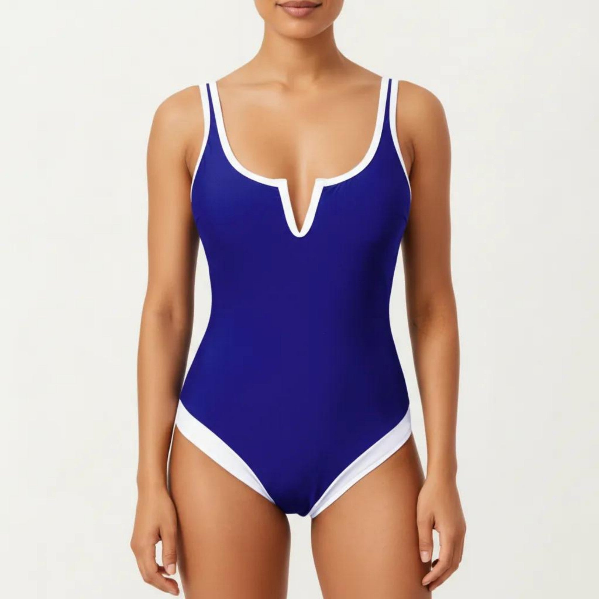Anna-Kaci Swim Women's One Piece Swimsuit with Notched Scoop Neck Contrast Trim and Contoured Fit