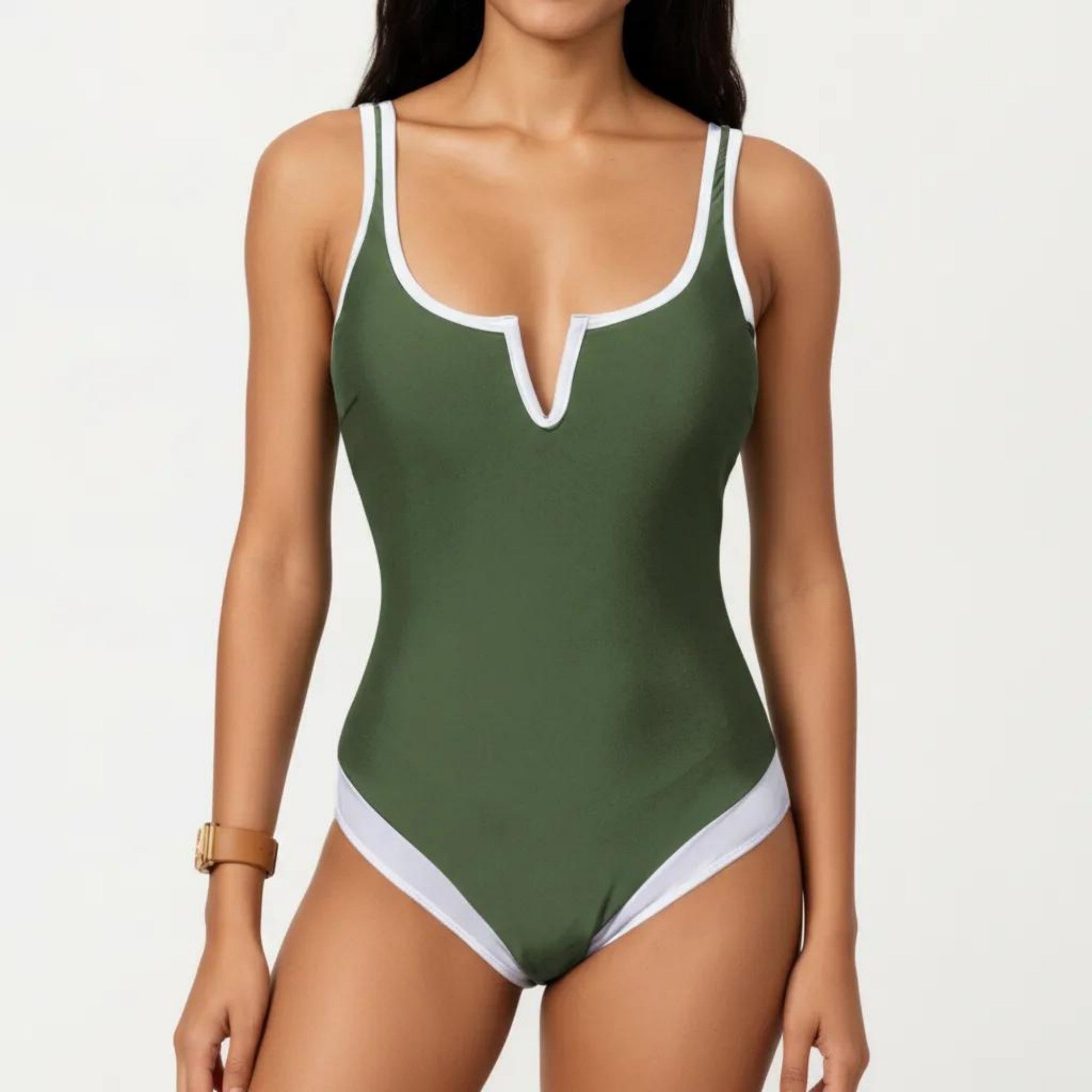 Anna-Kaci Swim Women's One Piece Swimsuit with Notched Scoop Neck Contrast Trim and Contoured Fit