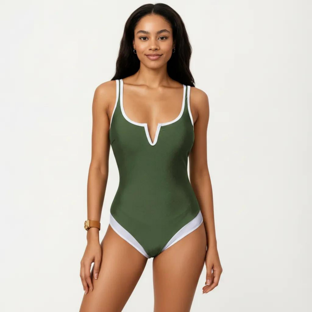 Anna-Kaci Swim Women's One Piece Swimsuit with Notched Scoop Neck Contrast Trim and Contoured Fit