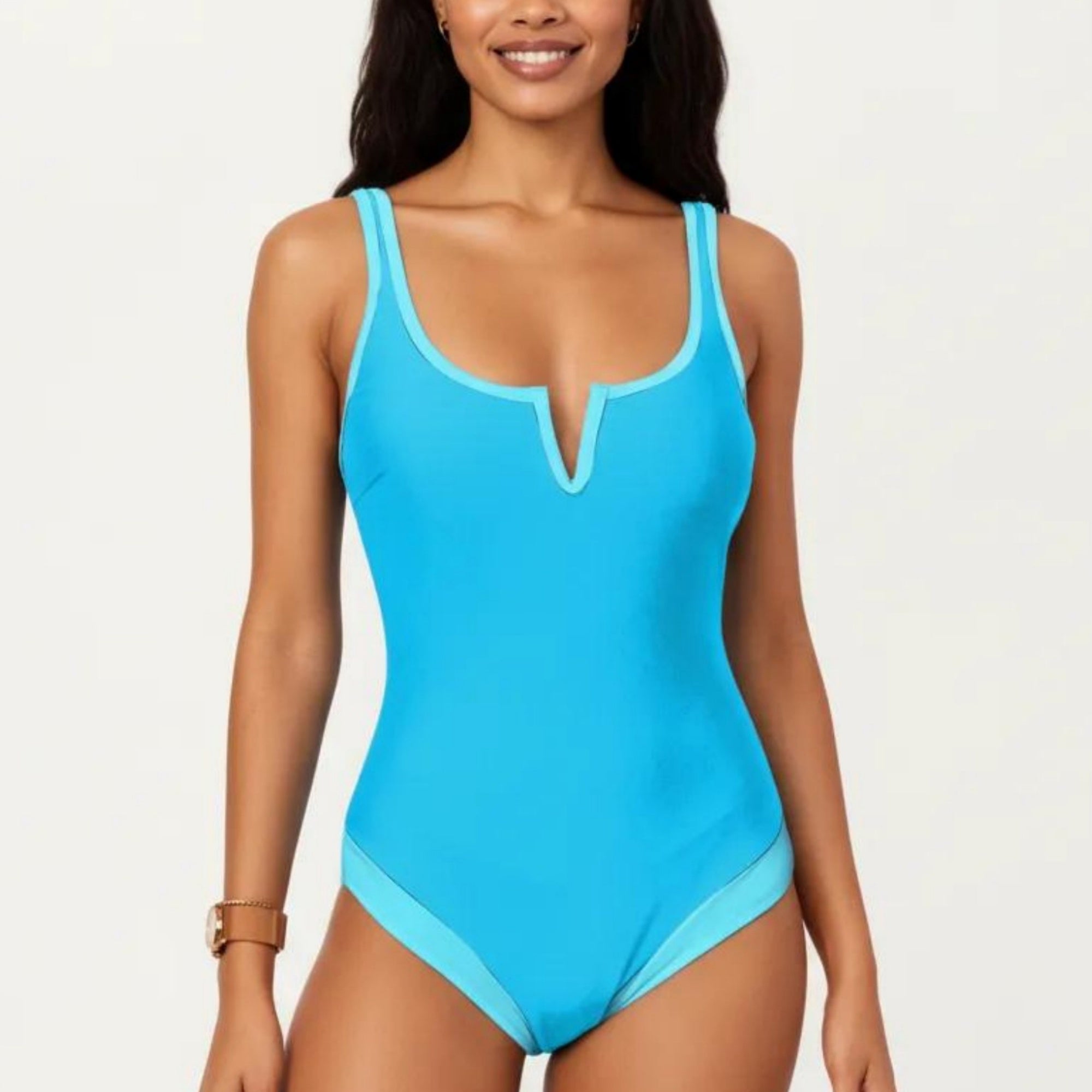 Anna-Kaci Swim Women's One Piece Swimsuit with Notched Scoop Neck Contrast Trim and Contoured Fit