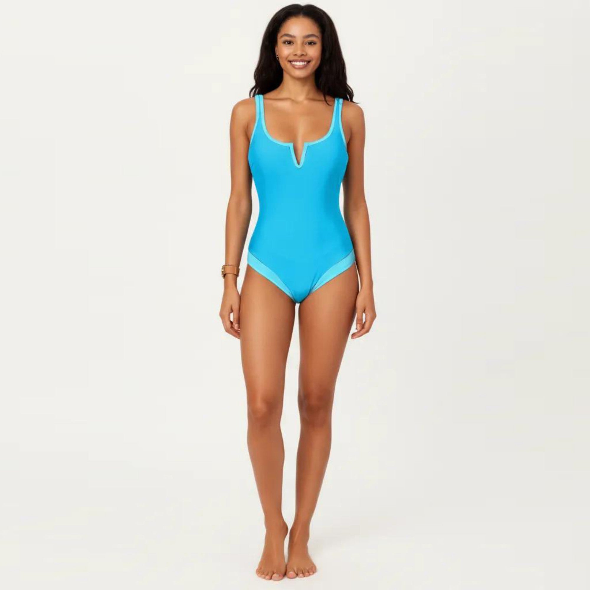 Anna-Kaci Swim Women's One Piece Swimsuit with Notched Scoop Neck Contrast Trim and Contoured Fit