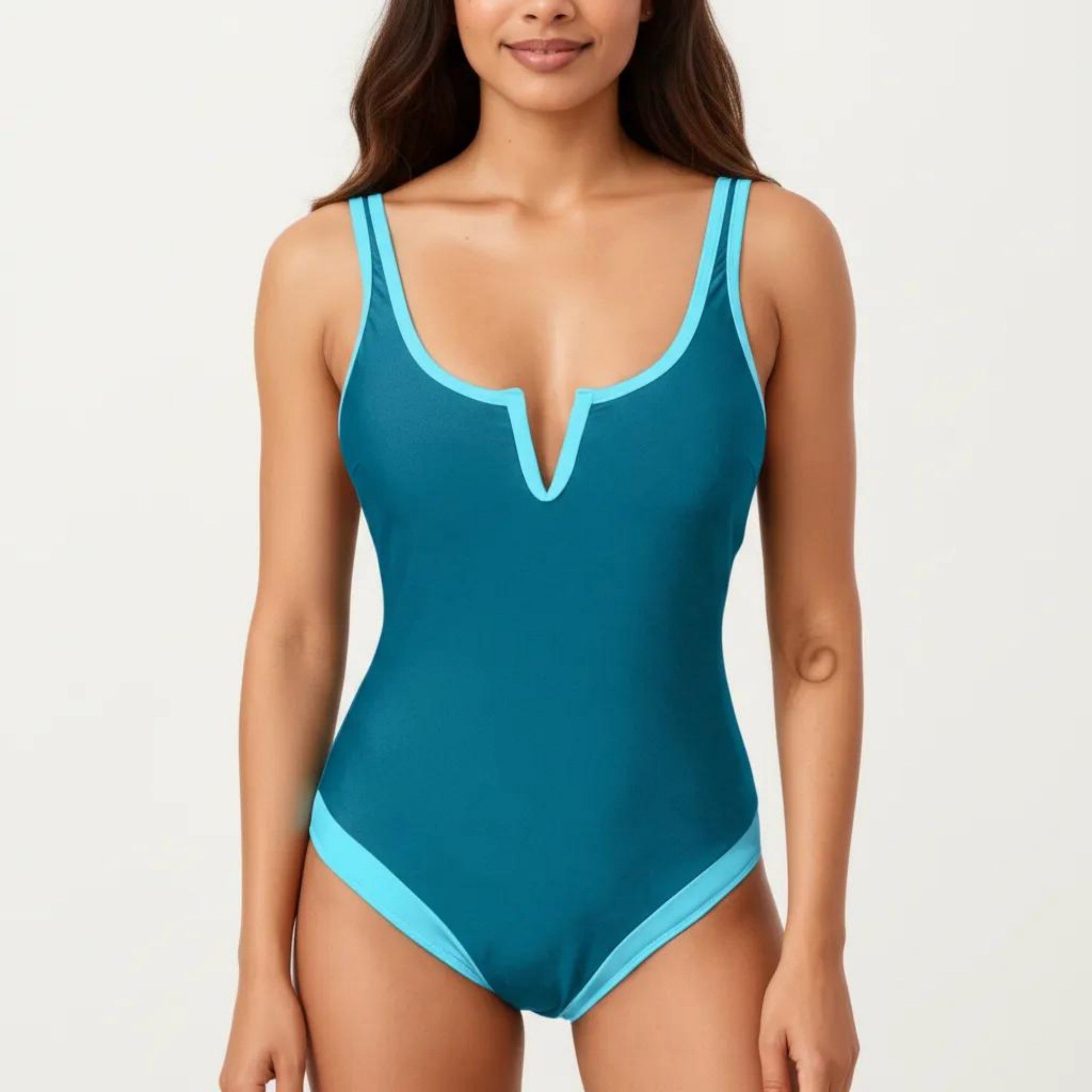 Anna-Kaci Swim Women's One Piece Swimsuit with Notched Scoop Neck Contrast Trim and Contoured Fit