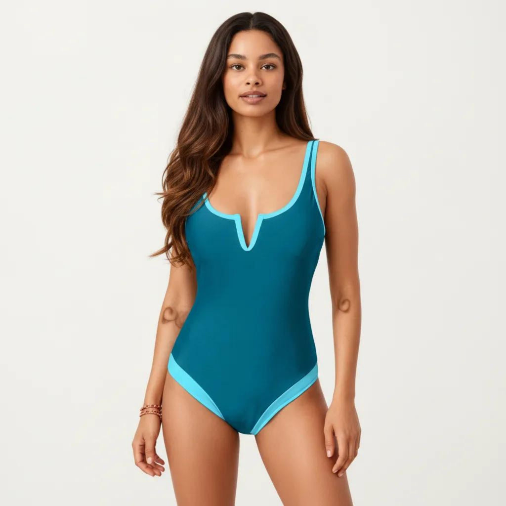 Anna-Kaci Swim Women's One Piece Swimsuit with Notched Scoop Neck Contrast Trim and Contoured Fit