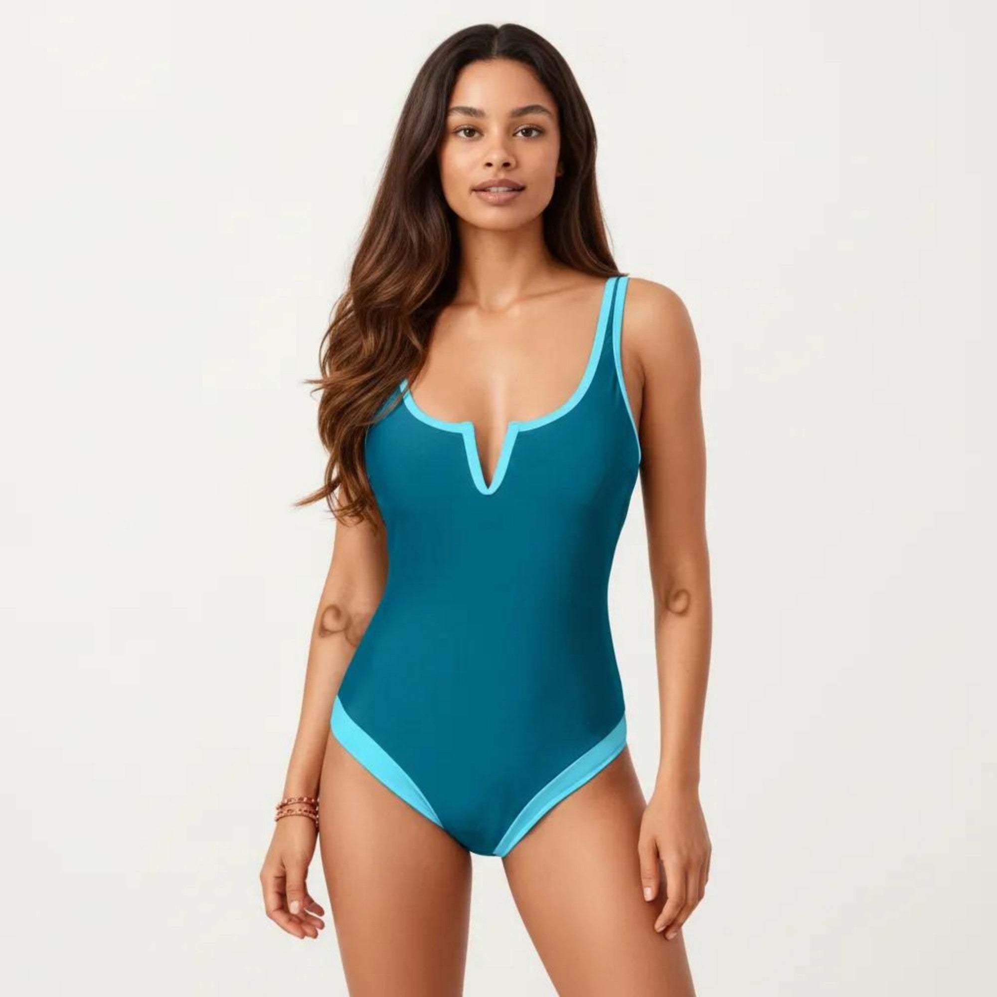Anna-Kaci Swim Women's One Piece Swimsuit with Notched Scoop Neck Contrast Trim and Contoured Fit
