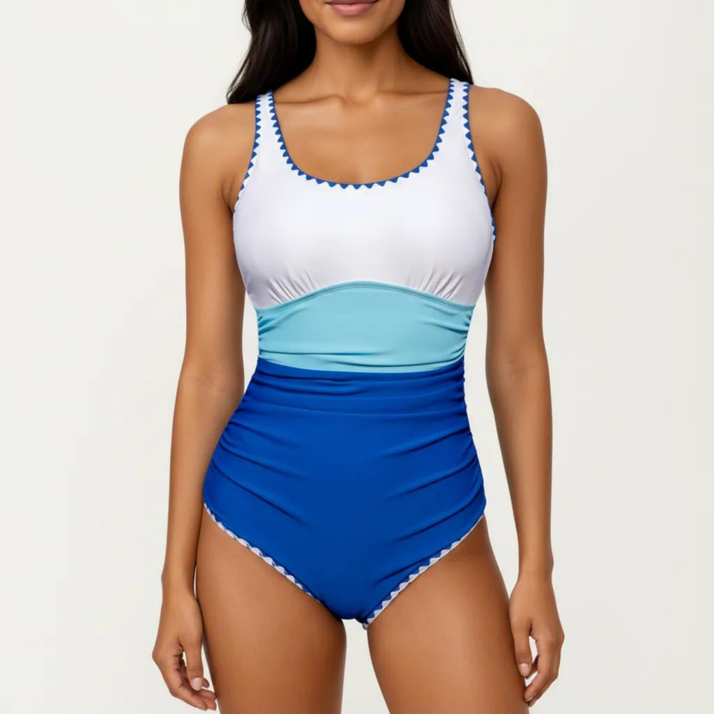 Anna-Kaci Swim Women's One Piece Swimsuit with Contrast Trim Scoop Neck and Ruched Waist