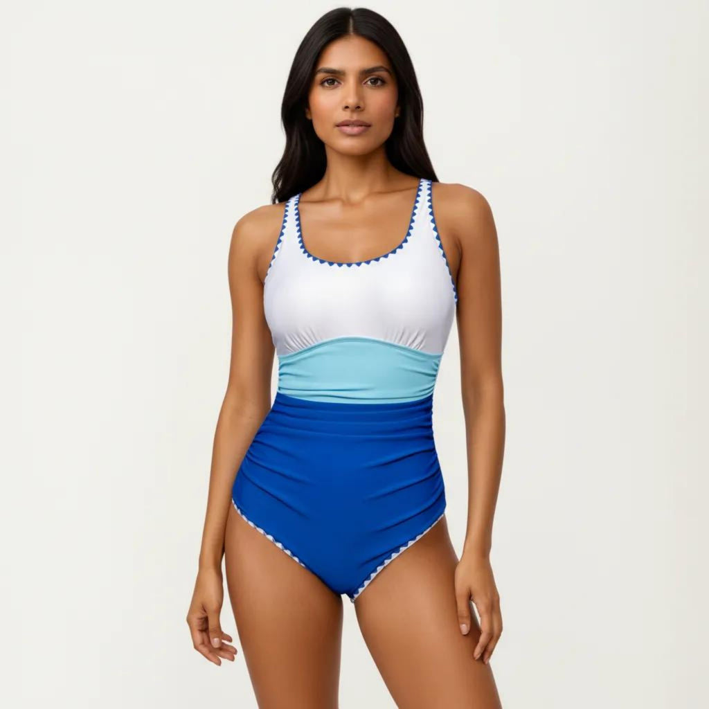 Anna-Kaci Swim Women's One Piece Swimsuit with Contrast Trim Scoop Neck and Ruched Waist