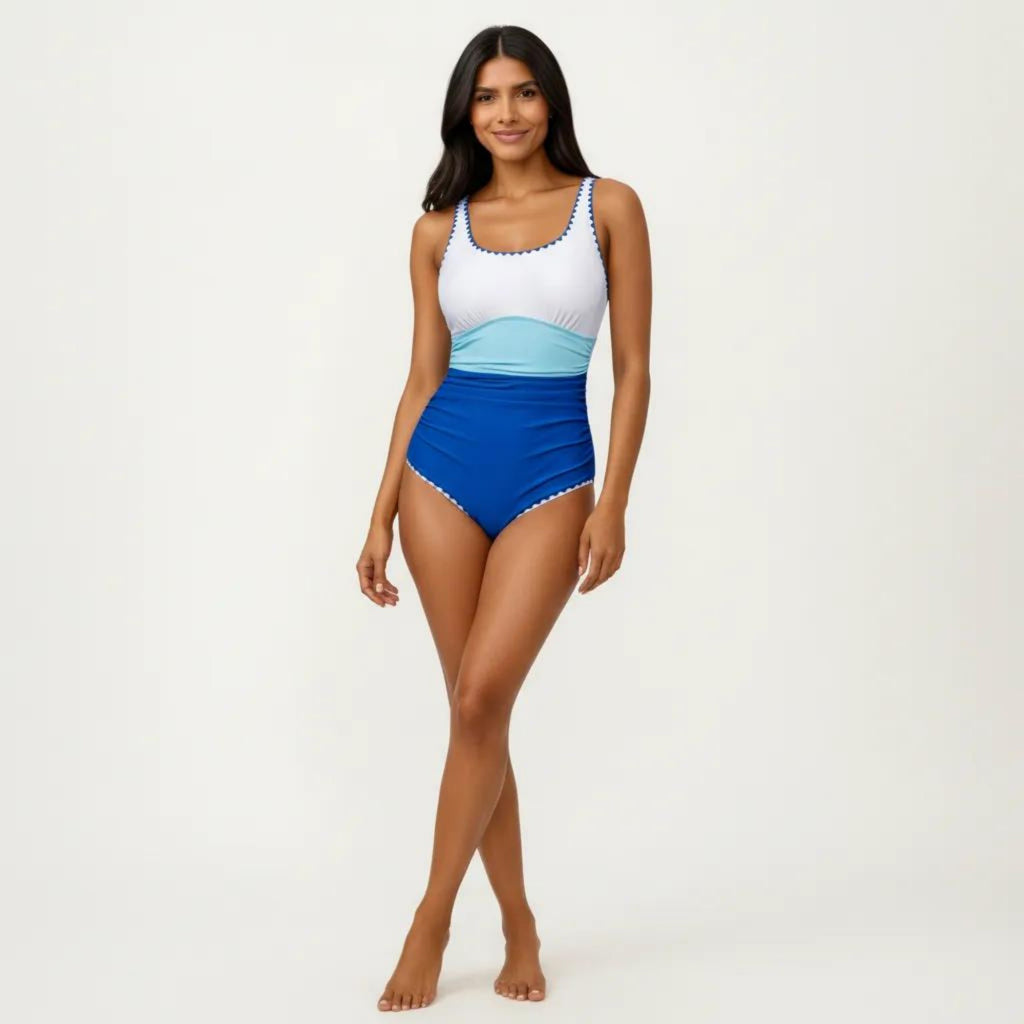 Anna-Kaci Swim Women's One Piece Swimsuit with Contrast Trim Scoop Neck and Ruched Waist