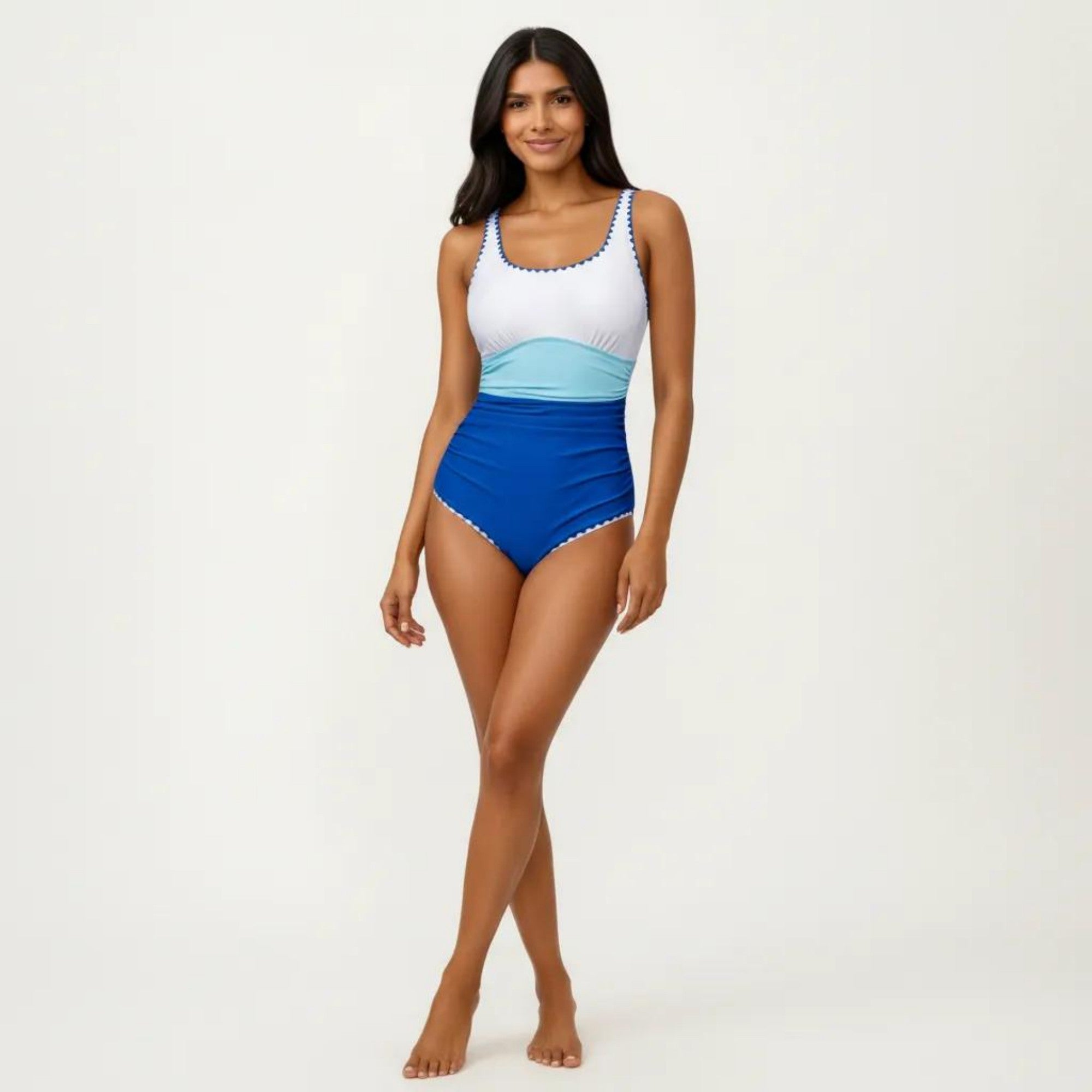 Anna-Kaci Swim Women's One Piece Swimsuit with Contrast Trim Scoop Neck and Ruched Waist