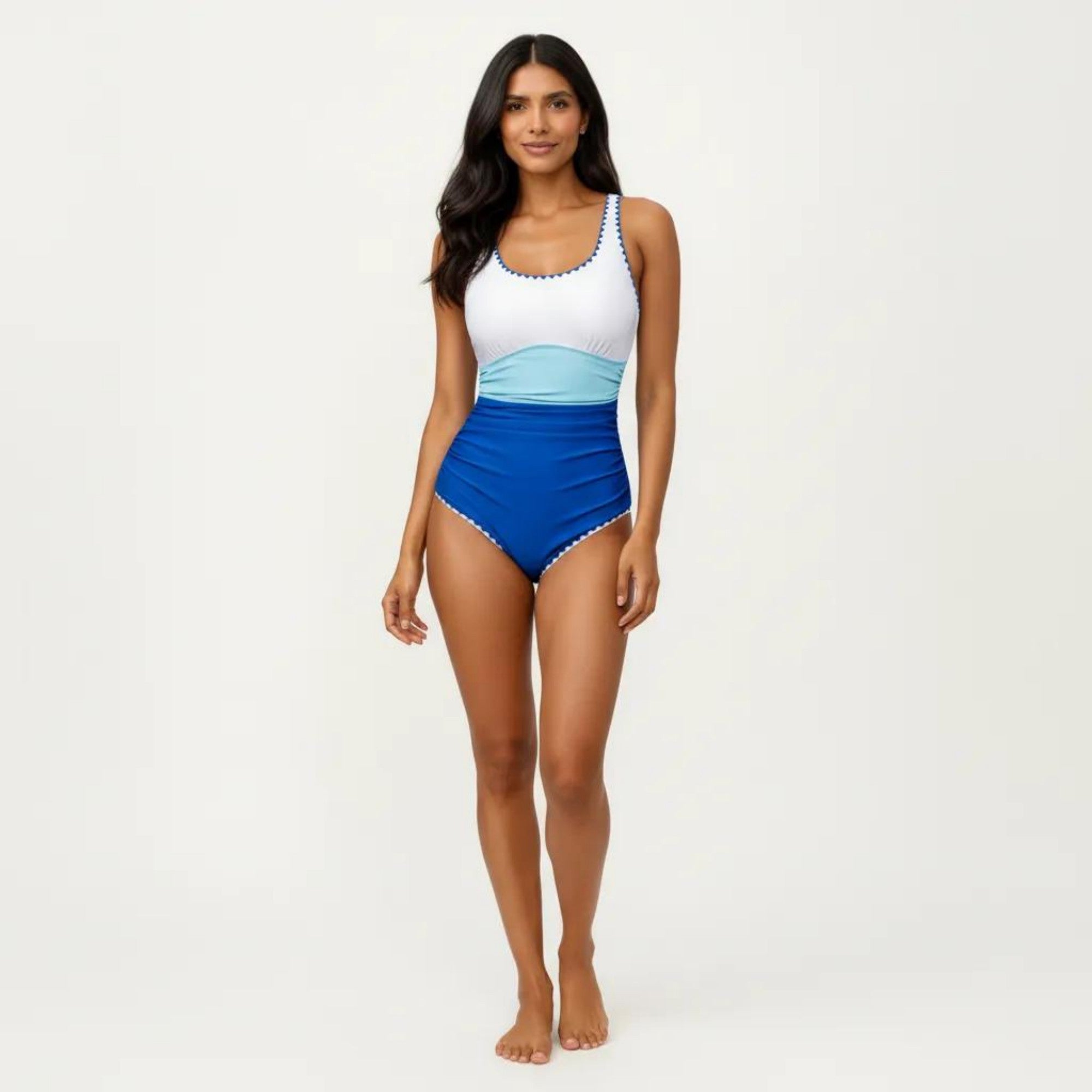 Anna-Kaci Swim Women's One Piece Swimsuit with Contrast Trim Scoop Neck and Ruched Waist