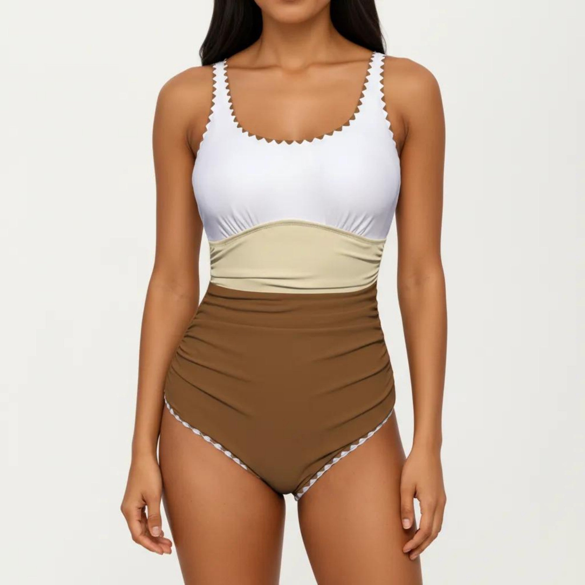 Anna-Kaci Swim Women's One Piece Swimsuit with Contrast Trim Scoop Neck and Ruched Waist