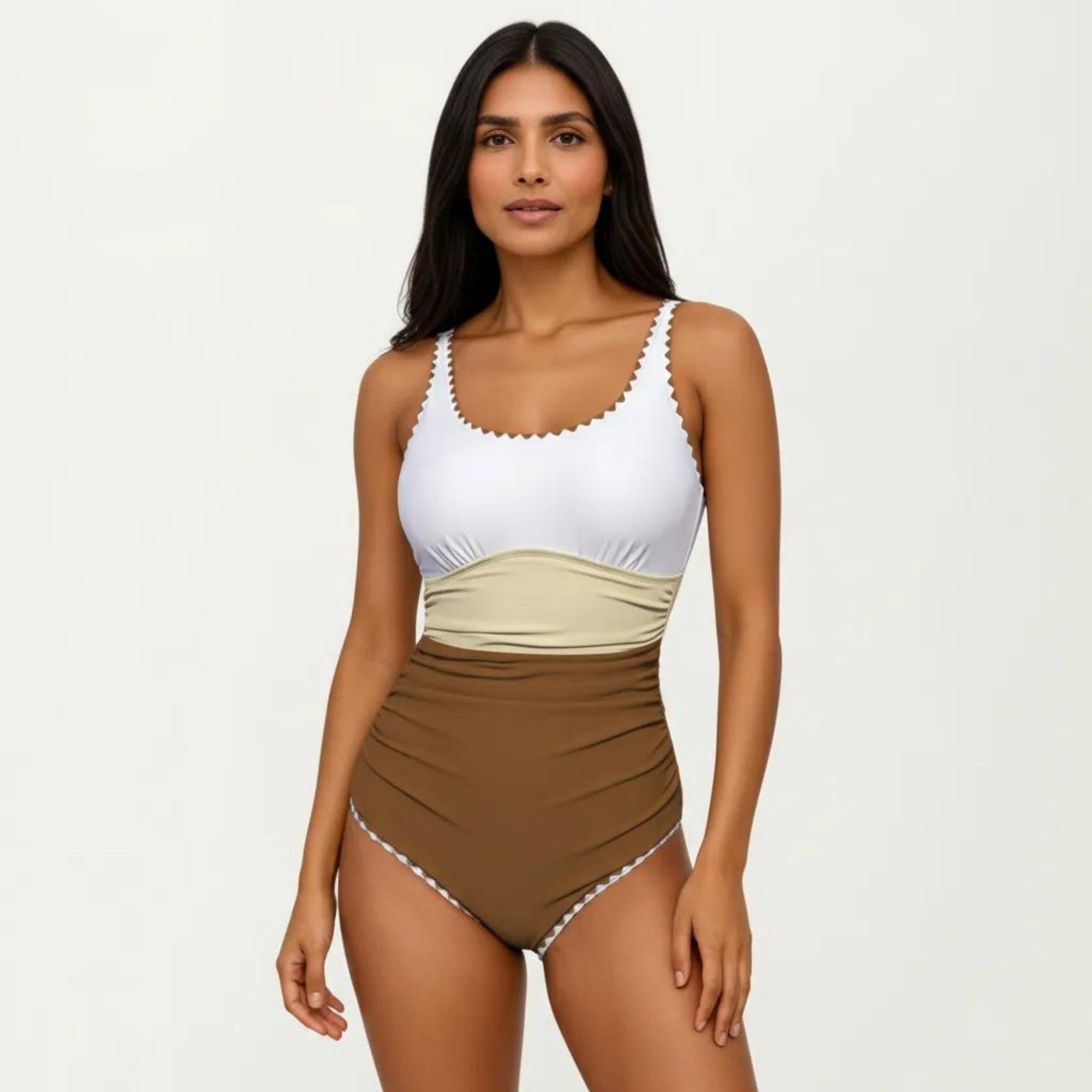 Anna-Kaci Swim Women's One Piece Swimsuit with Contrast Trim Scoop Neck and Ruched Waist