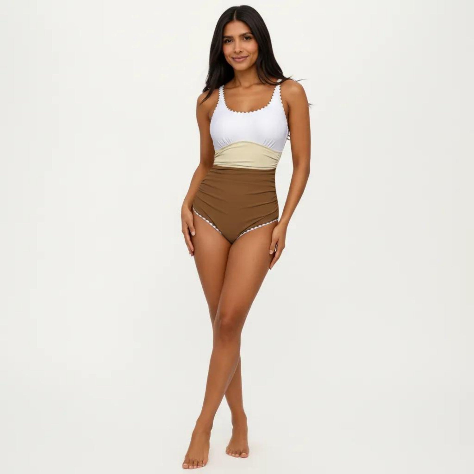 Anna-Kaci Swim Women's One Piece Swimsuit with Contrast Trim Scoop Neck and Ruched Waist