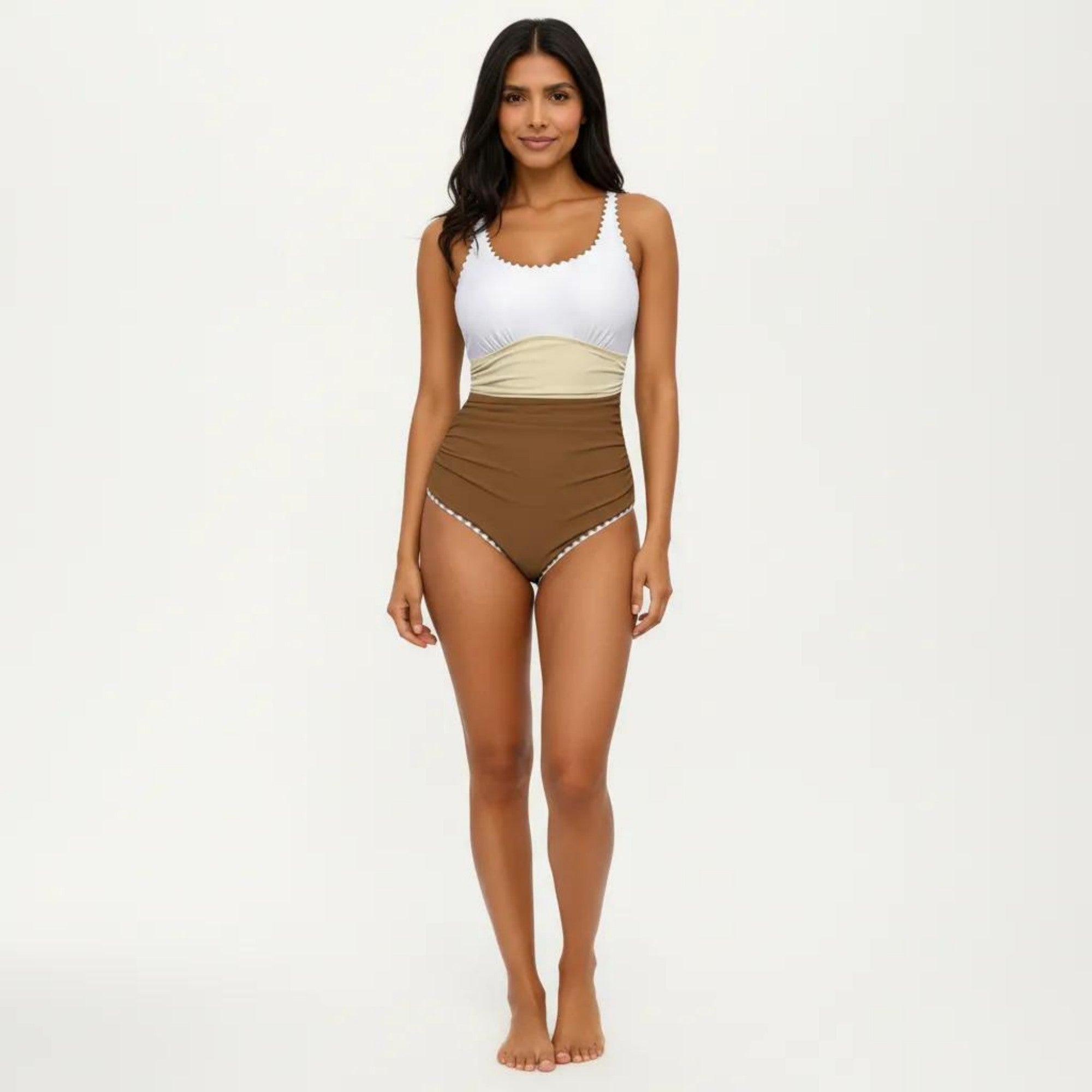 Anna-Kaci Swim Women's One Piece Swimsuit with Contrast Trim Scoop Neck and Ruched Waist