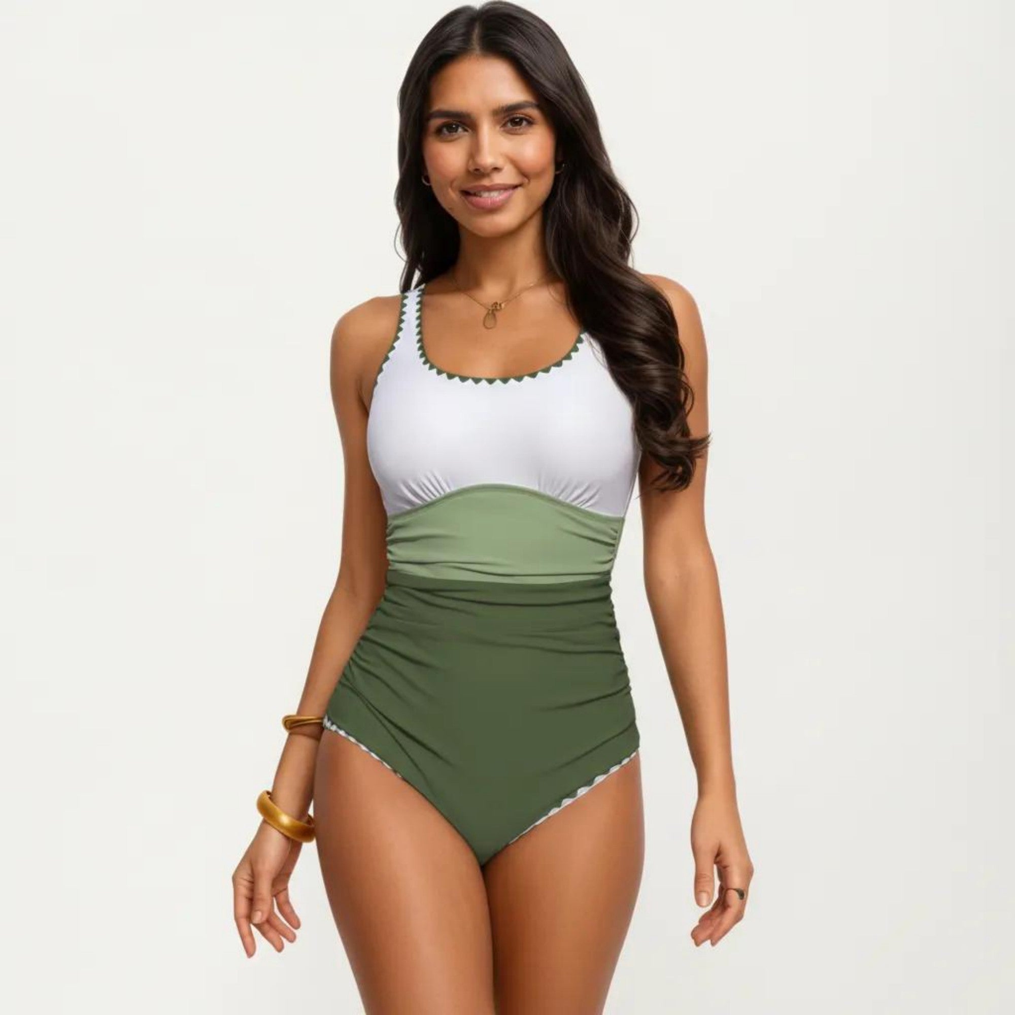 Anna-Kaci Swim Women's One Piece Swimsuit with Contrast Trim Scoop Neck and Ruched Waist