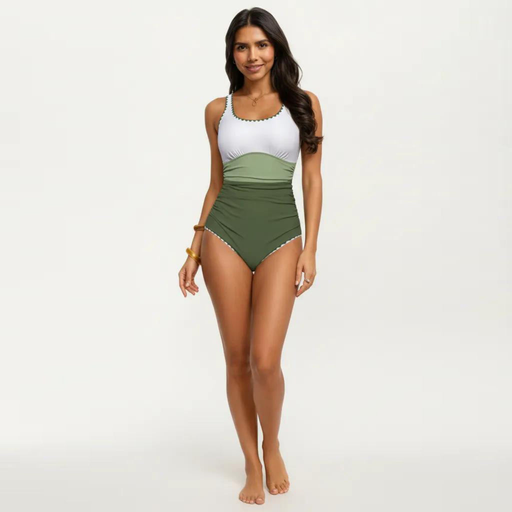 Anna-Kaci Swim Women's One Piece Swimsuit with Contrast Trim Scoop Neck and Ruched Waist