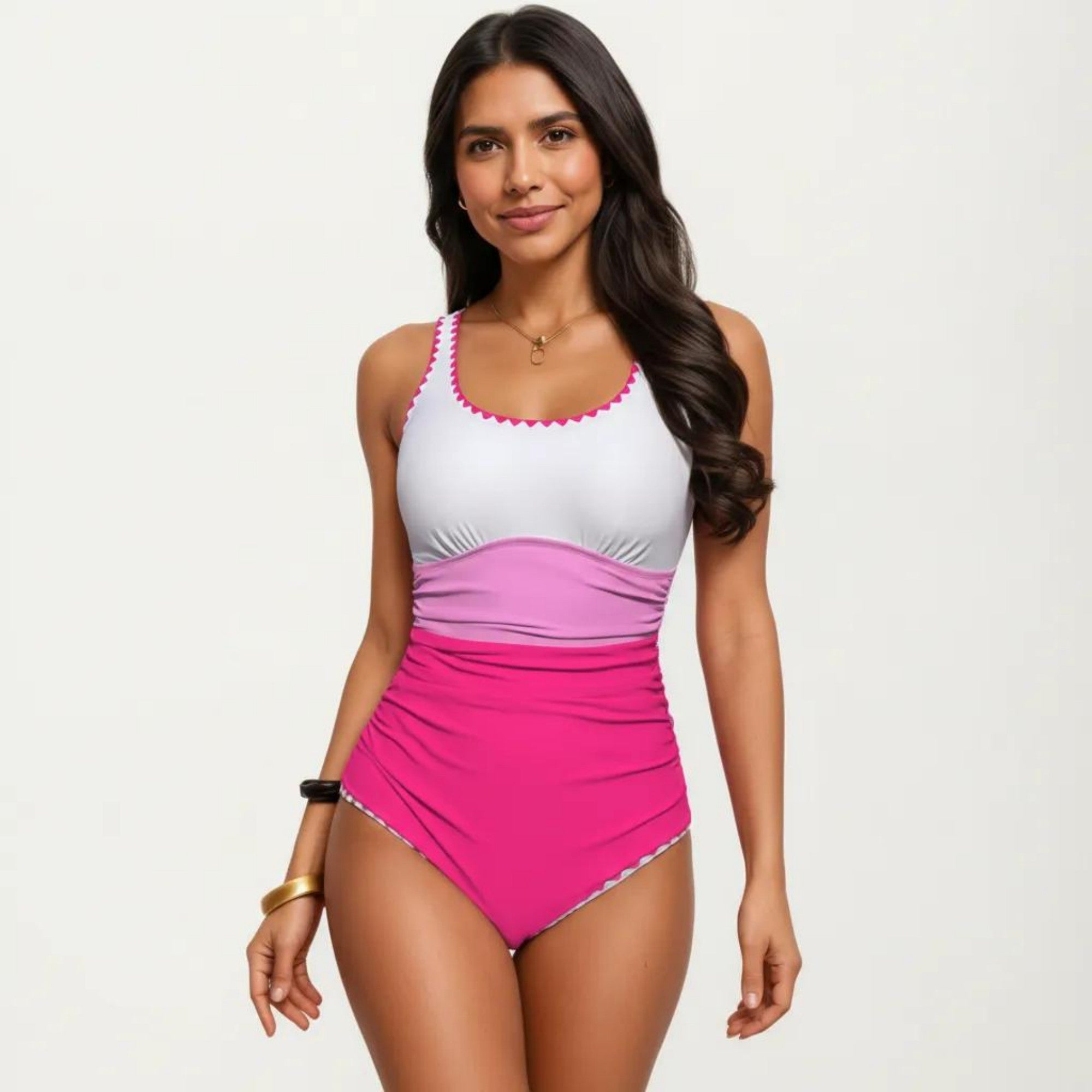 Anna-Kaci Swim Women's One Piece Swimsuit with Contrast Trim Scoop Neck and Ruched Waist