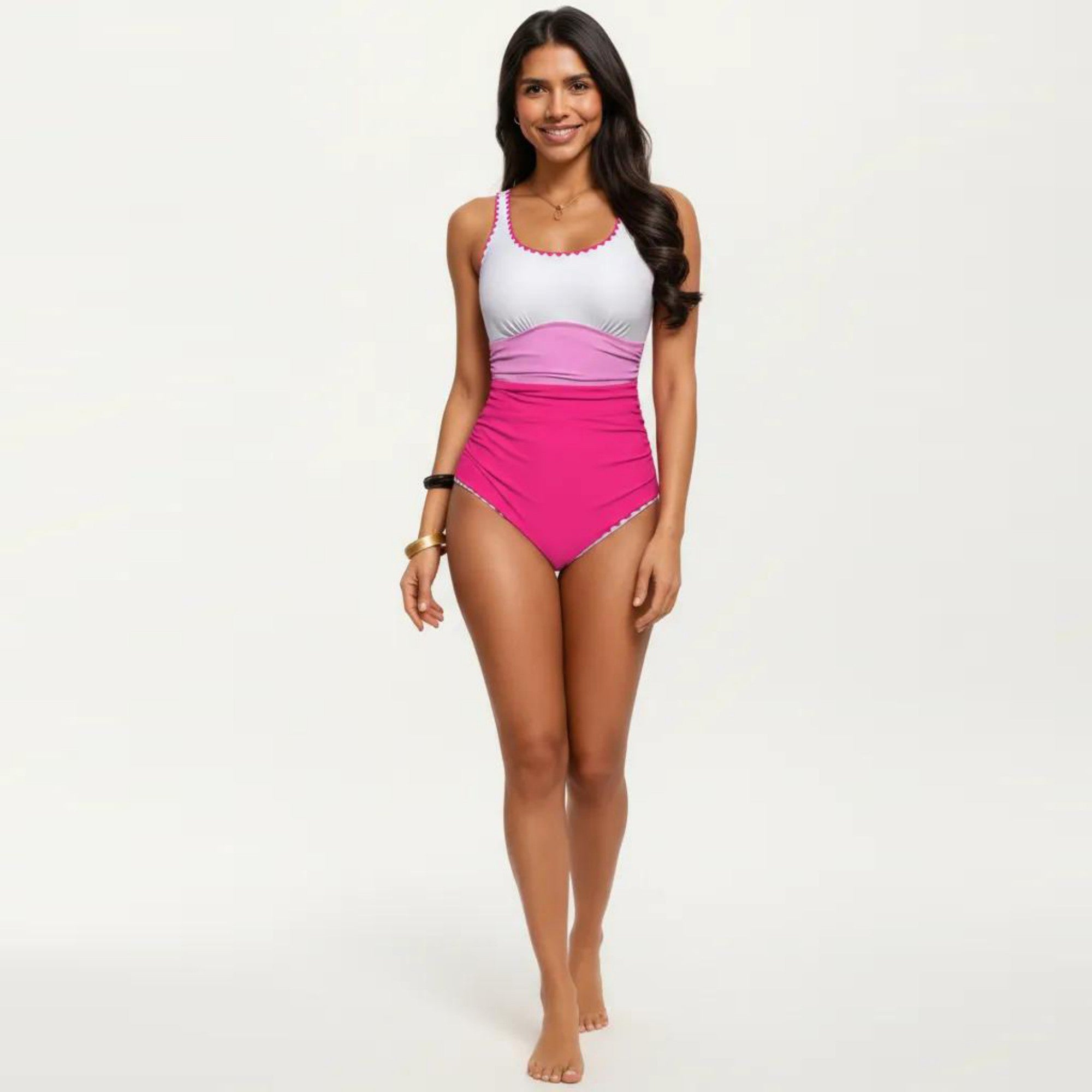 Anna-Kaci Swim Women's One Piece Swimsuit with Contrast Trim Scoop Neck and Ruched Waist