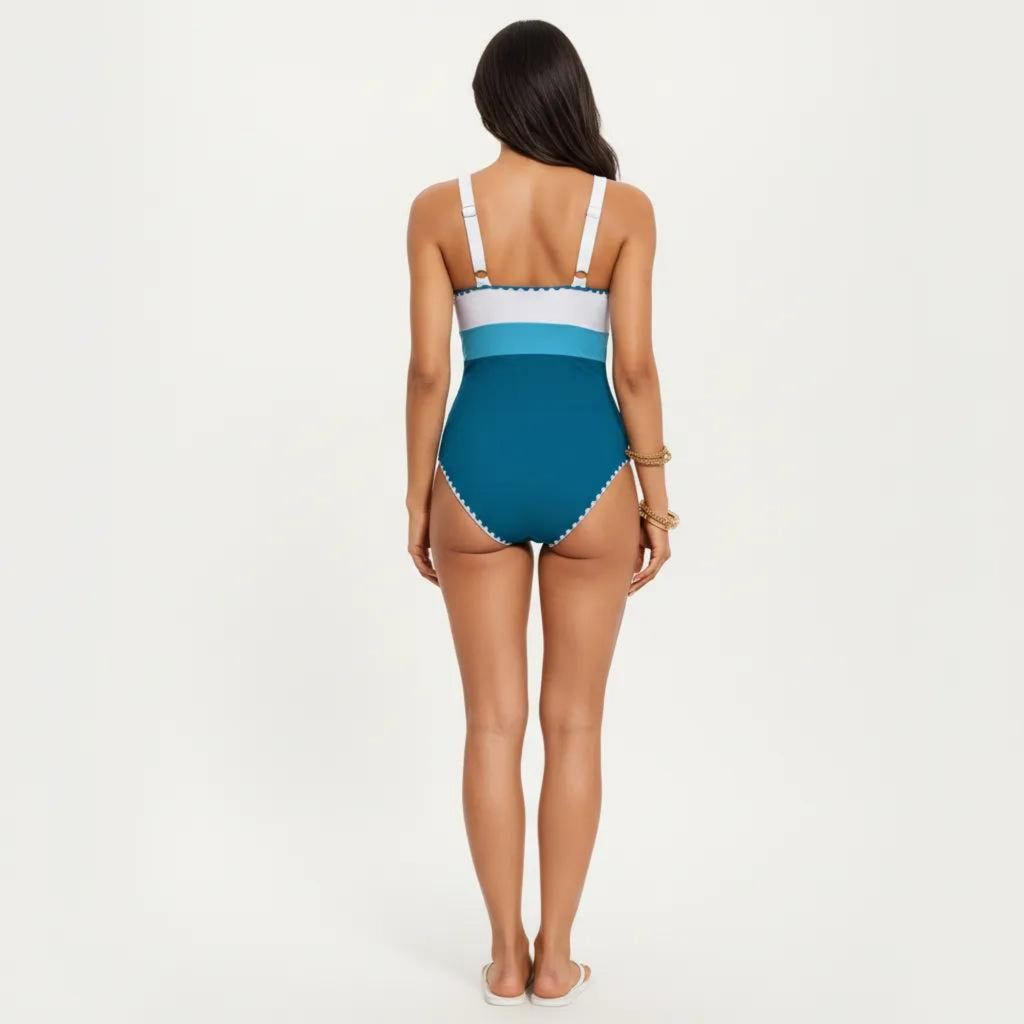 Anna-Kaci Swim Women's One Piece Swimsuit with Contrast Trim Scoop Neck and Ruched Waist