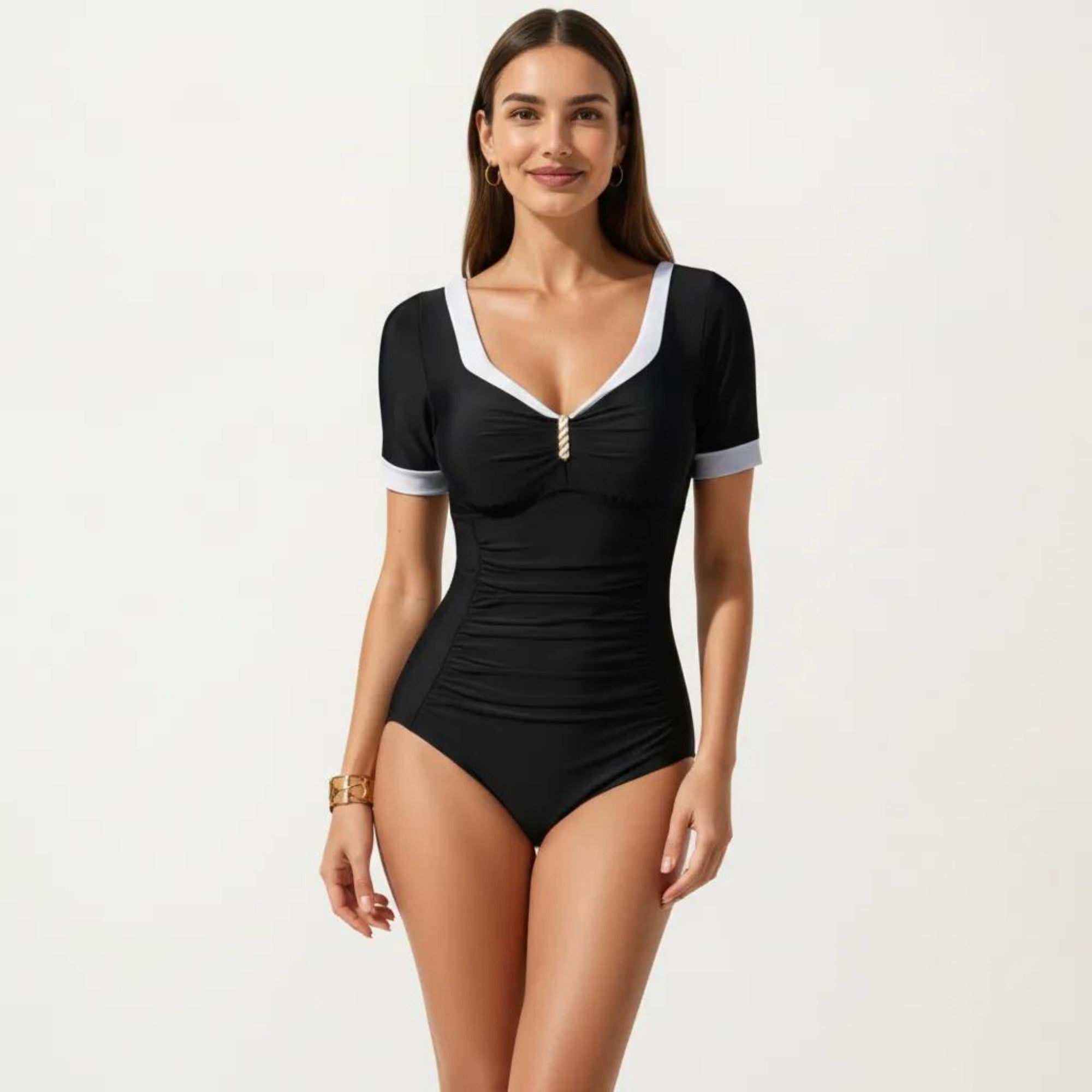 Anna-Kaci Swim Women's One Piece Fashion Swimsuit with Short Sleeves V Neck Trim and Ruched Waist