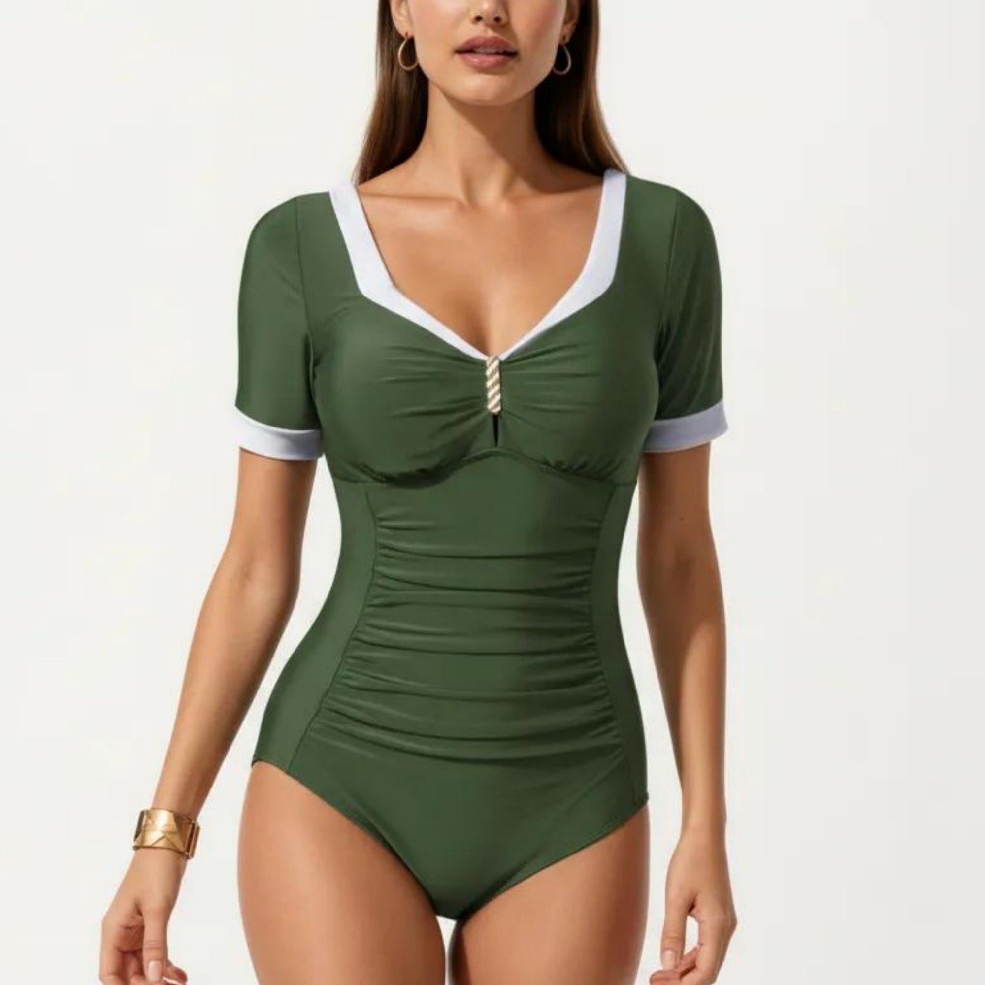 Anna-Kaci Swim Women's One Piece Fashion Swimsuit with Short Sleeves V Neck Trim and Ruched Waist