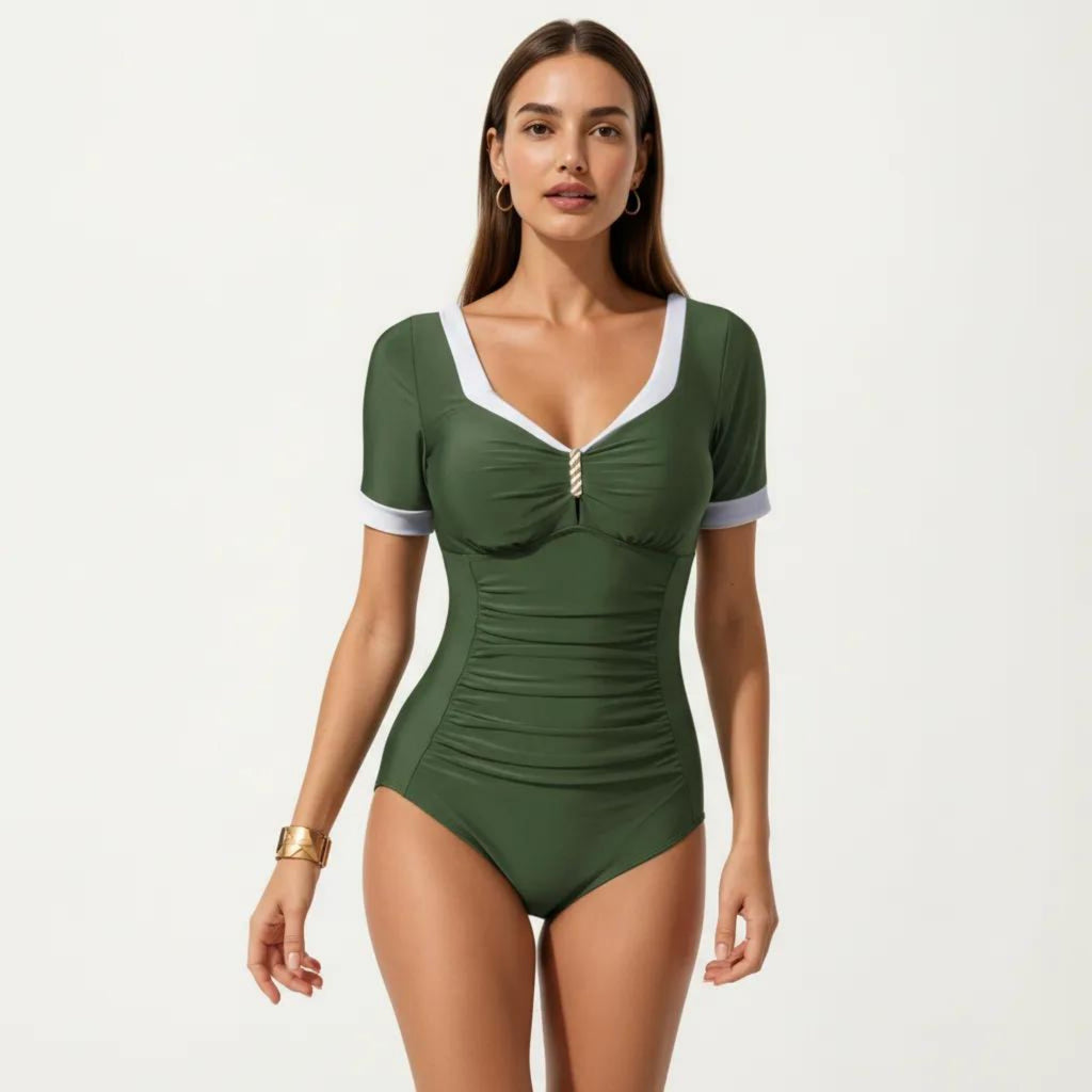 Anna-Kaci Swim Women's One Piece Fashion Swimsuit with Short Sleeves V Neck Trim and Ruched Waist