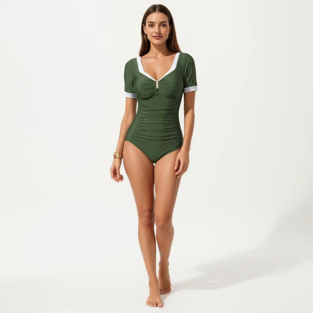 Anna-Kaci Swim Women's One Piece Fashion Swimsuit with Short Sleeves V Neck Trim and Ruched Waist