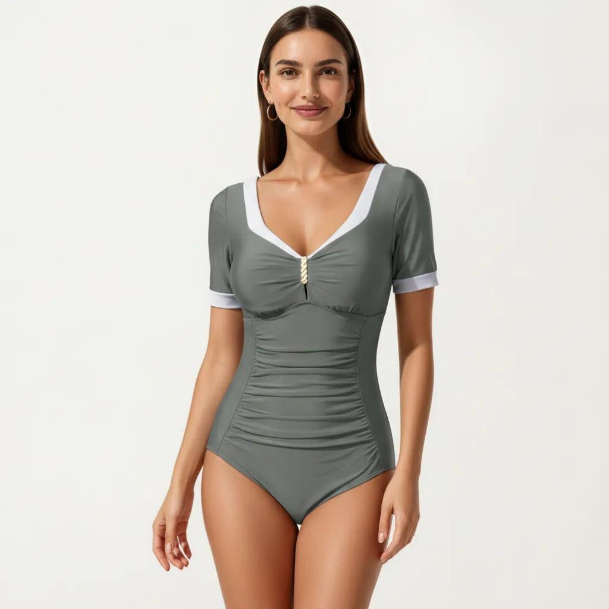 Anna-Kaci Swim Women's One Piece Fashion Swimsuit with Short Sleeves V Neck Trim and Ruched Waist