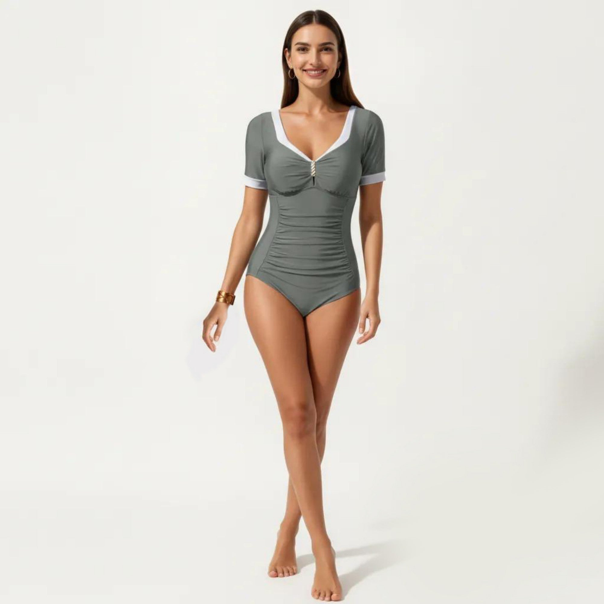 Anna-Kaci Swim Women's One Piece Fashion Swimsuit with Short Sleeves V Neck Trim and Ruched Waist