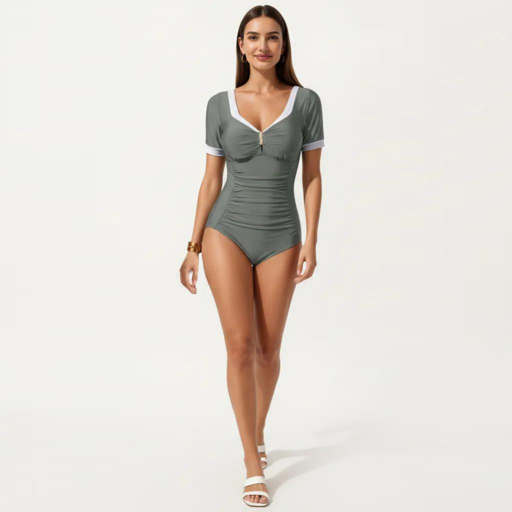 Anna-Kaci Swim Women's One Piece Fashion Swimsuit with Short Sleeves V Neck Trim and Ruched Waist