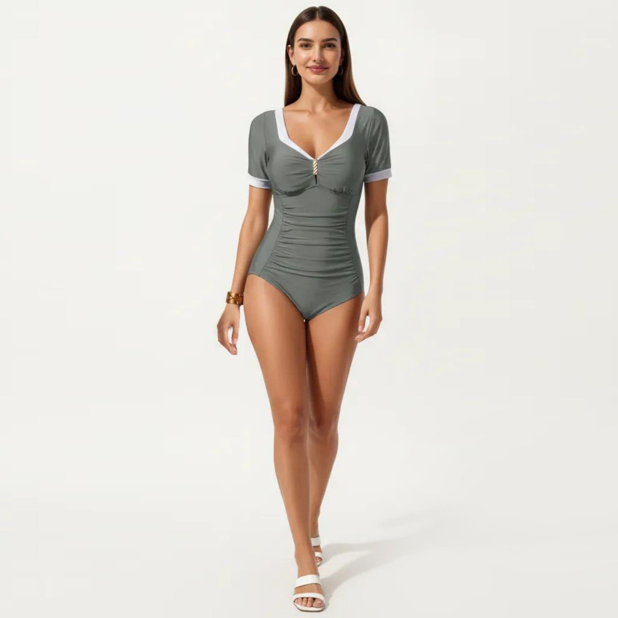 Anna-Kaci Swim Women's One Piece Fashion Swimsuit with Short Sleeves V Neck Trim and Ruched Waist