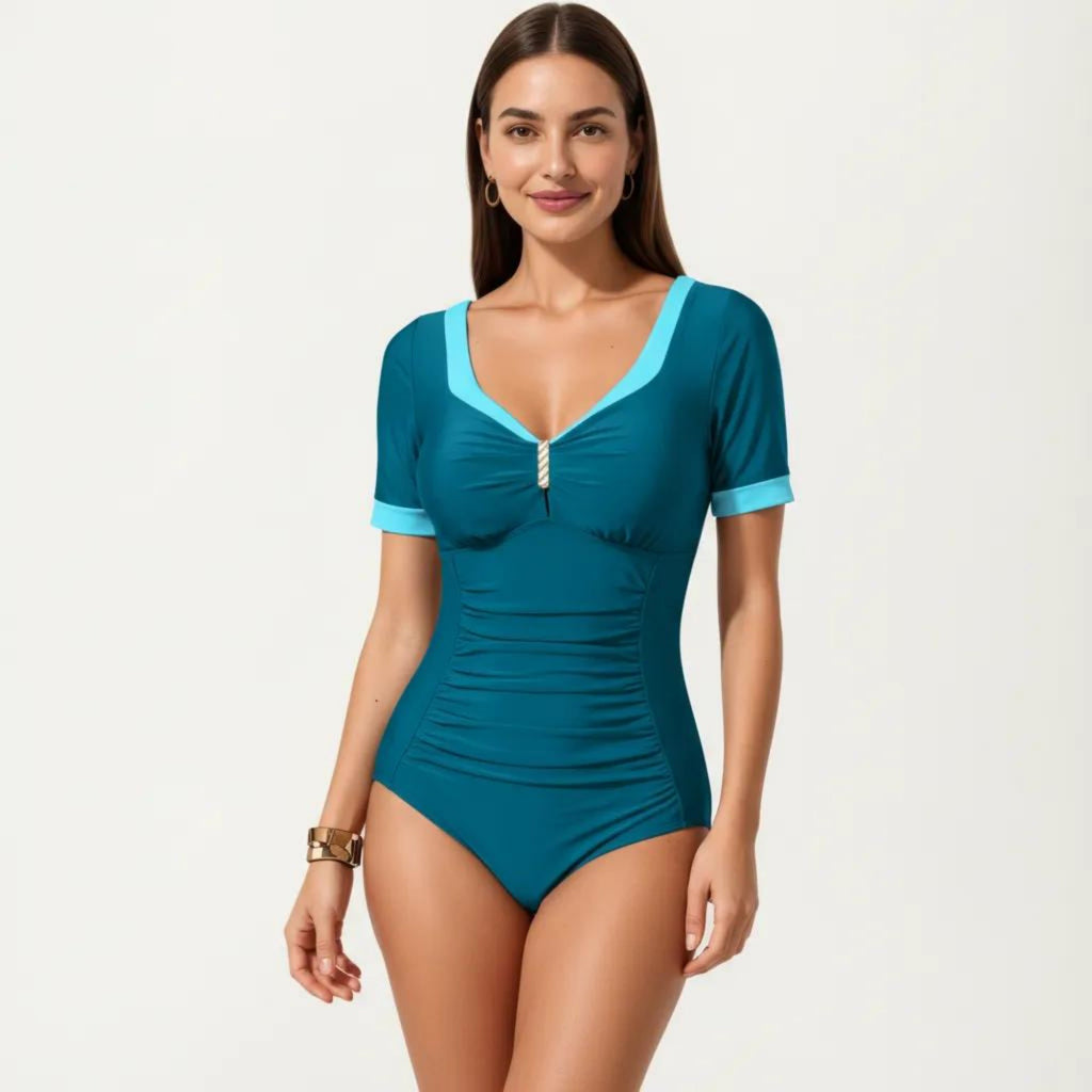 Anna-Kaci Swim Women's One Piece Fashion Swimsuit with Short Sleeves V Neck Trim and Ruched Waist