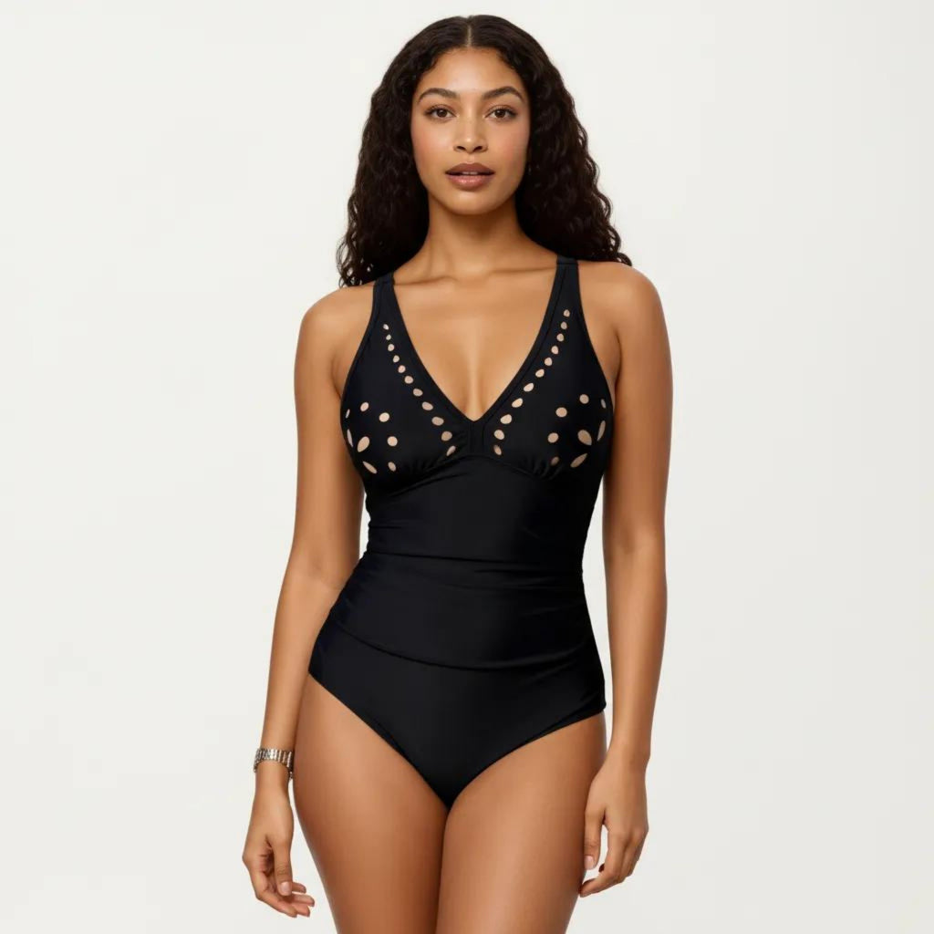 Anna-Kaci Swim Women's One Piece Swimsuit with V Neck Laser Cut Detail and Contoured Fit