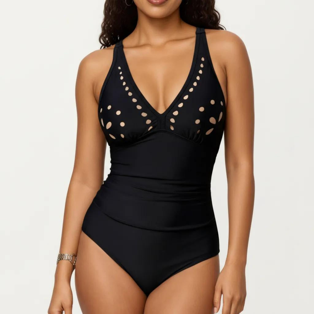 Anna-Kaci Swim Women's One Piece Swimsuit with V Neck Laser Cut Detail and Contoured Fit