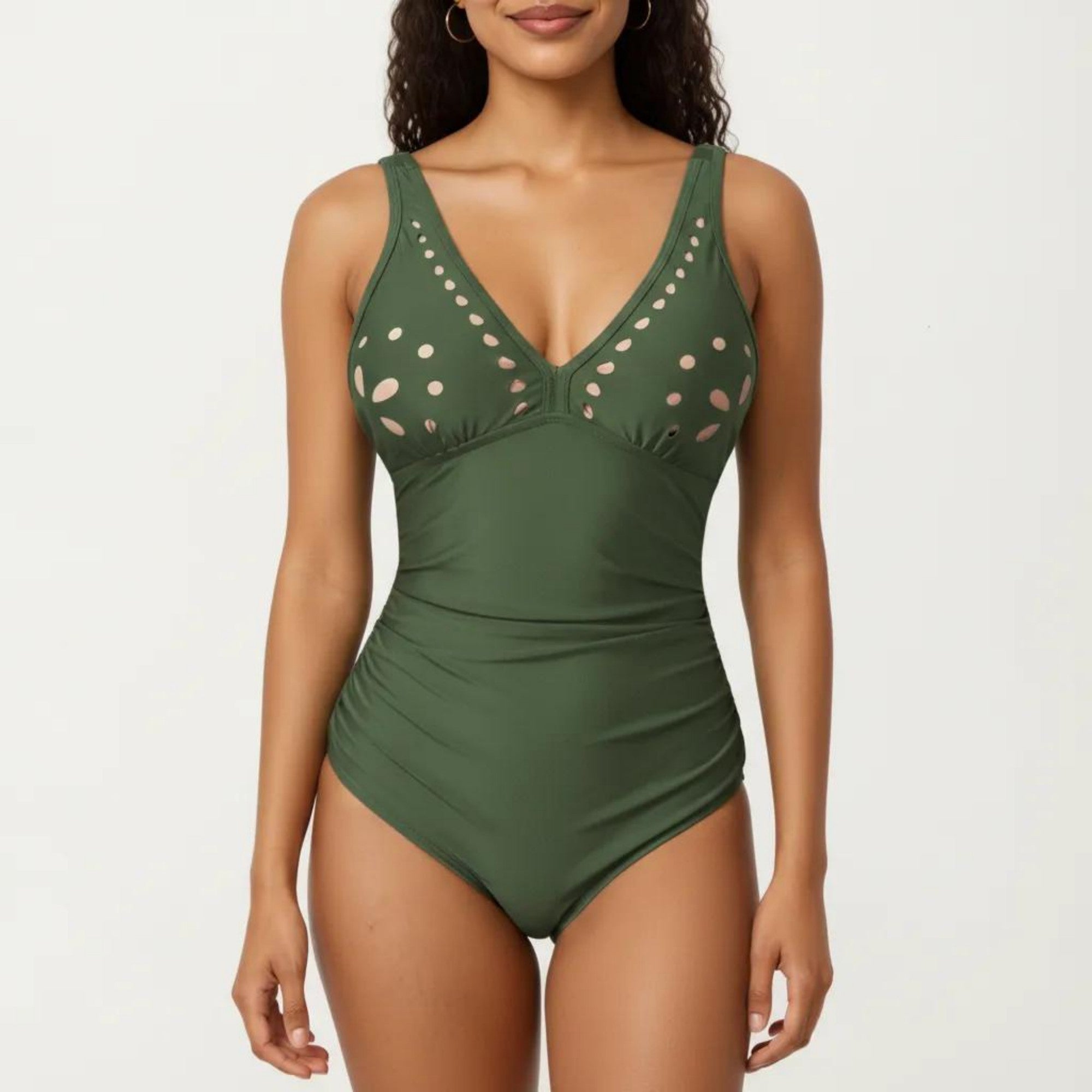 Anna-Kaci Swim Women's One Piece Swimsuit with V Neck Laser Cut Detail and Contoured Fit