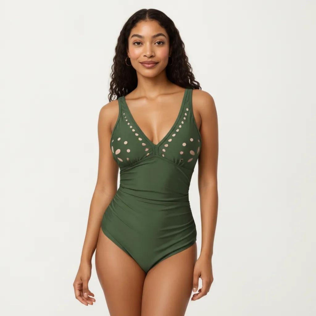 Anna-Kaci Swim Women's One Piece Swimsuit with V Neck Laser Cut Detail and Contoured Fit