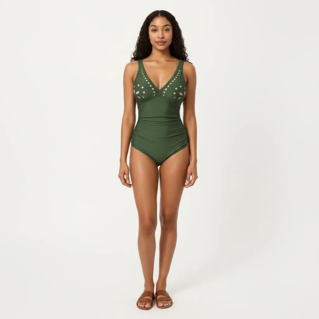 Anna-Kaci Swim Women's One Piece Swimsuit with V Neck Laser Cut Detail and Contoured Fit