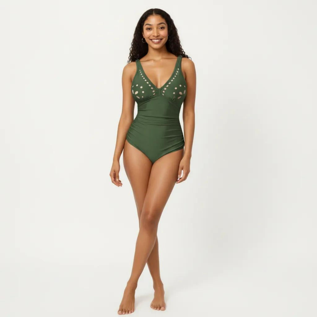 Anna-Kaci Swim Women's One Piece Swimsuit with V Neck Laser Cut Detail and Contoured Fit