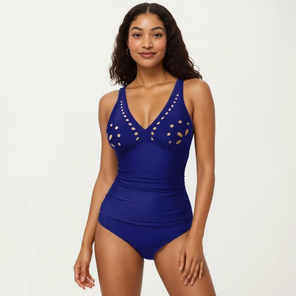 Anna-Kaci Swim Women's One Piece Swimsuit with V Neck Laser Cut Detail and Contoured Fit