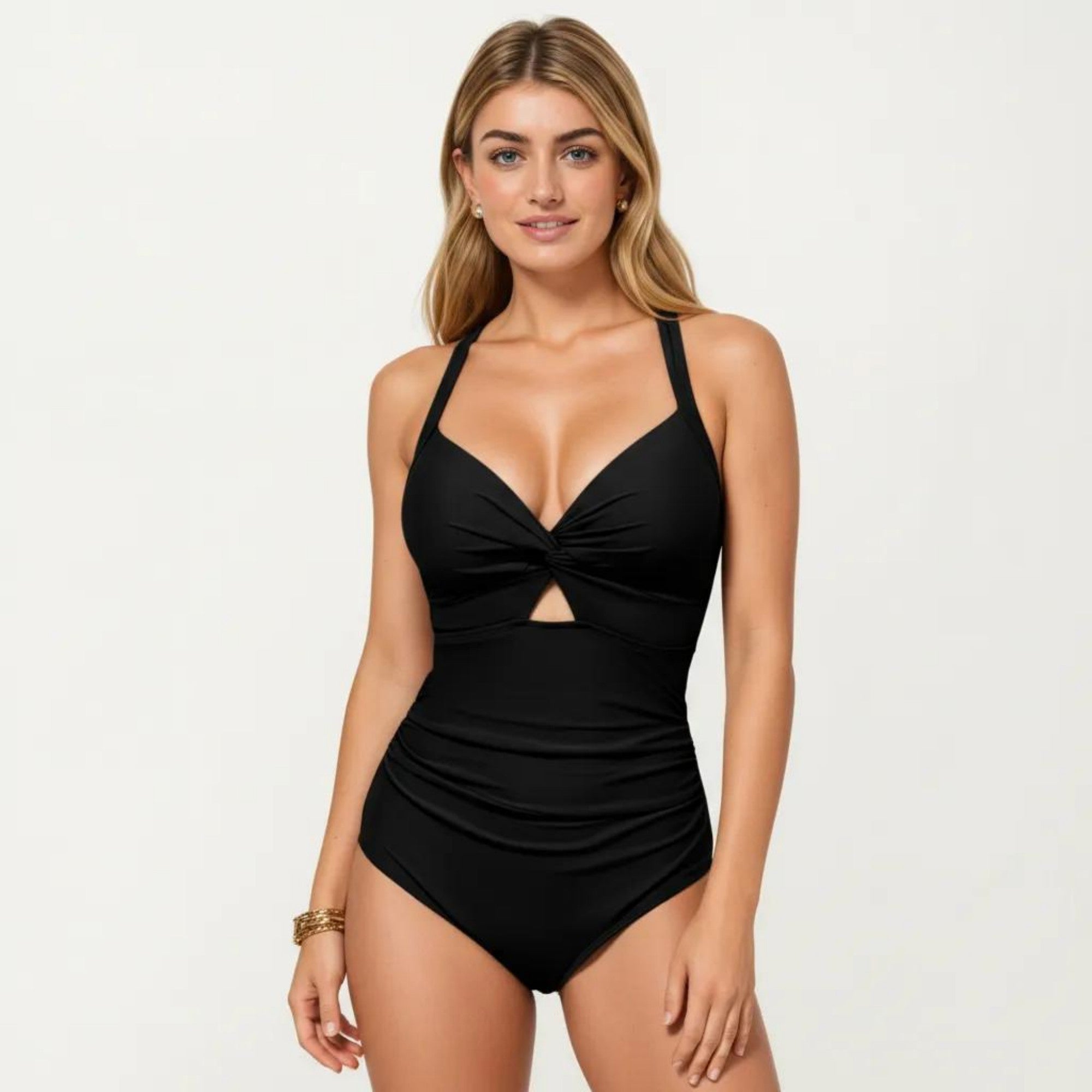 Anna-Kaci Swim Women's One Piece Swimsuit with Halter Neckline Twist Front Cutout and Ruched Waist